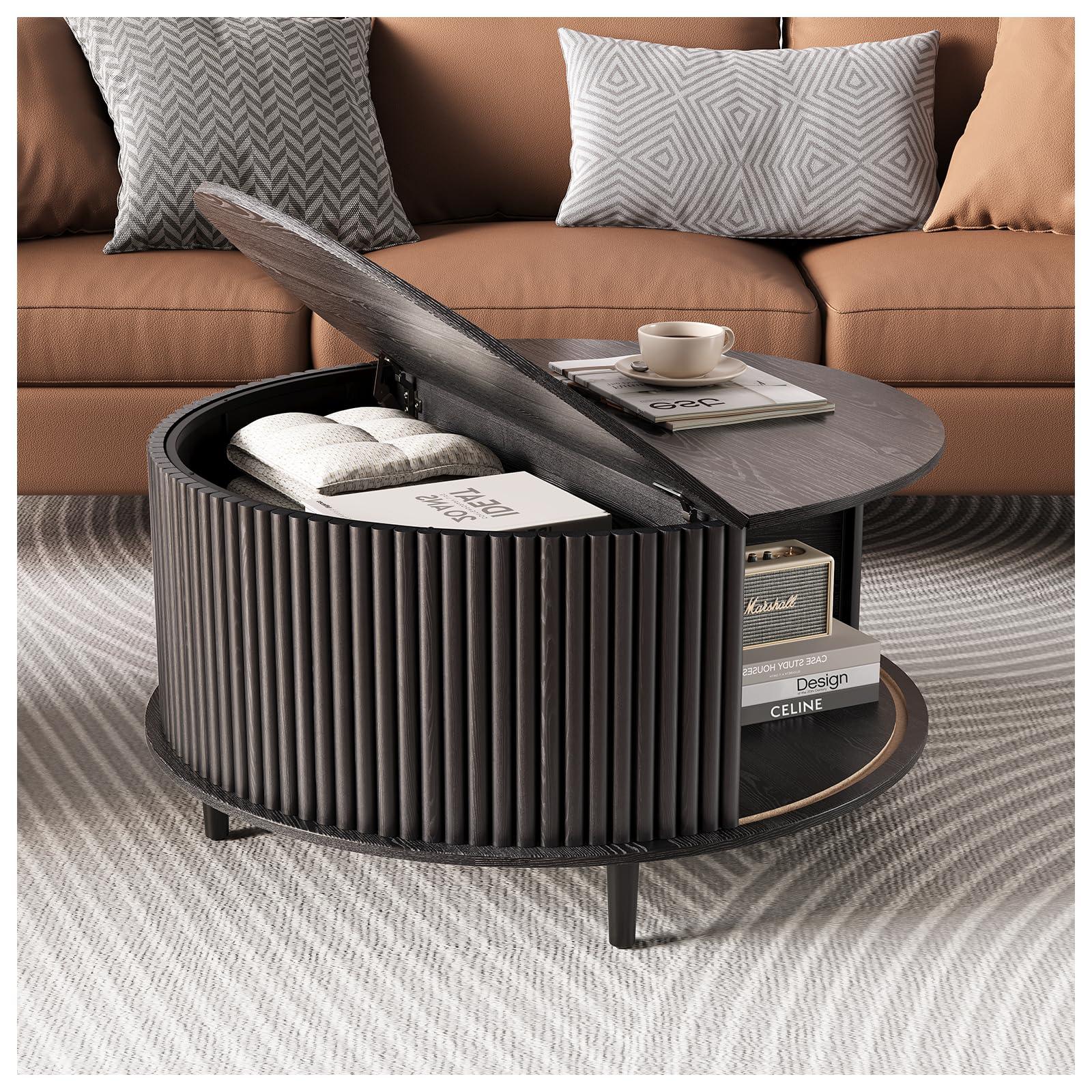 JOINICE,Round Coffee Table with Storage, Fluted Center Table with Sliding Cabinet Door, Drum Dining Table for Living Room, Home Small Space, 31.5", Black
