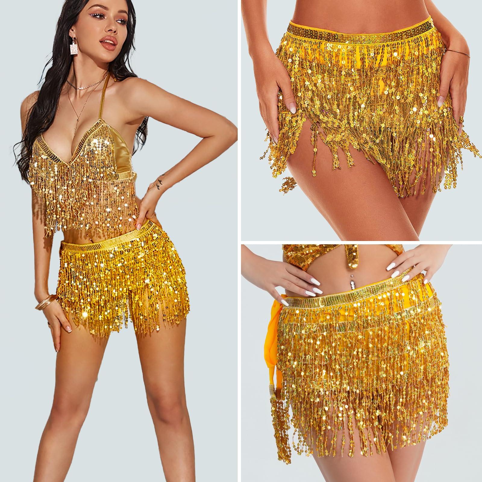 Sequin Skirt Boho Sequin Tassel Hip Scarf Sparkly Skirts Belly Dance Skirt Glitter Skirt Rave Sparkle Skirt for Women Girls - Image 2