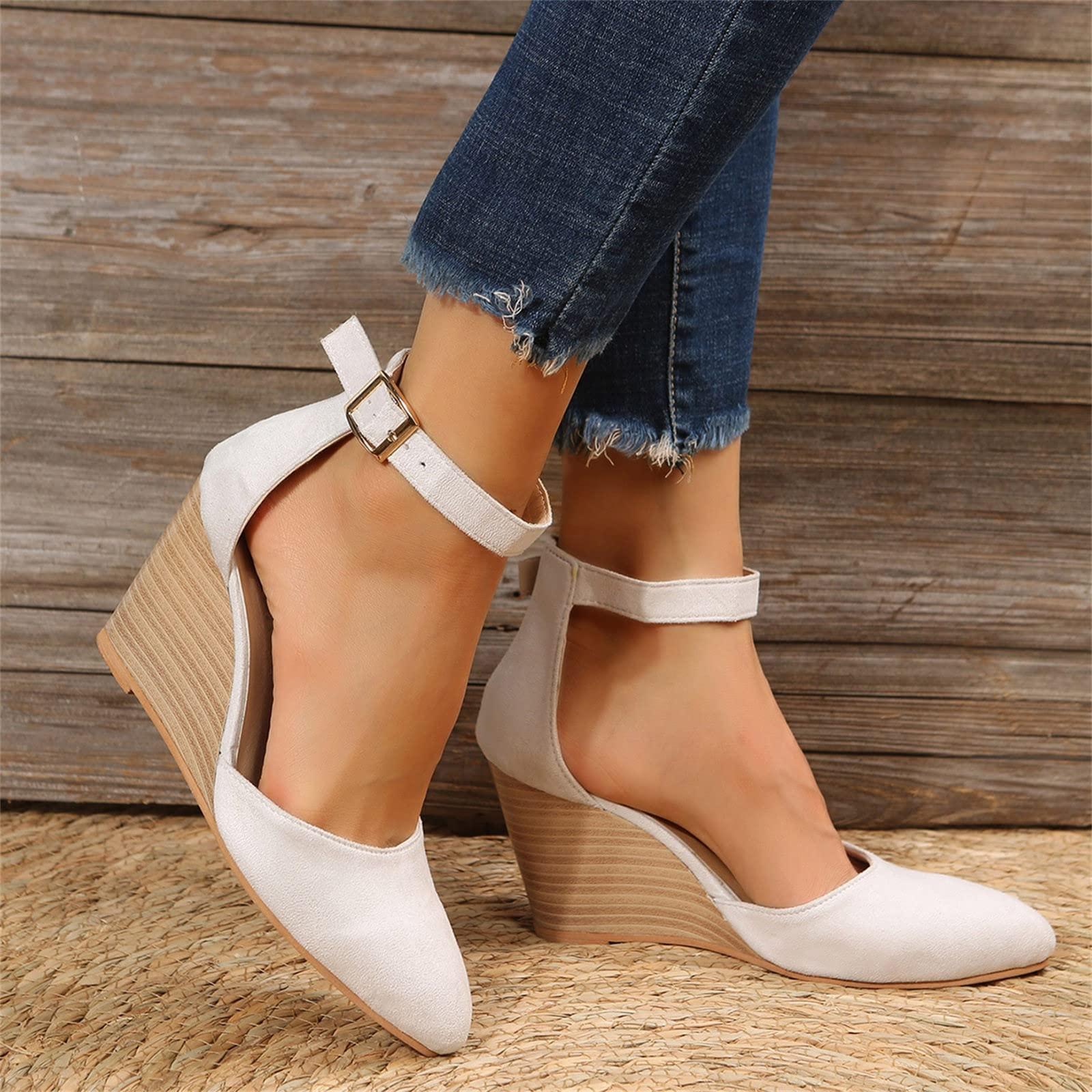 Closed Toe Wedges Heels for Women Dressy Platform Wedge Sandals Ankle Strap Heeled Espadrilles Sandals Ladies Comfortable Cork Summer Dress Shoes for Beach Wedding - Image 4