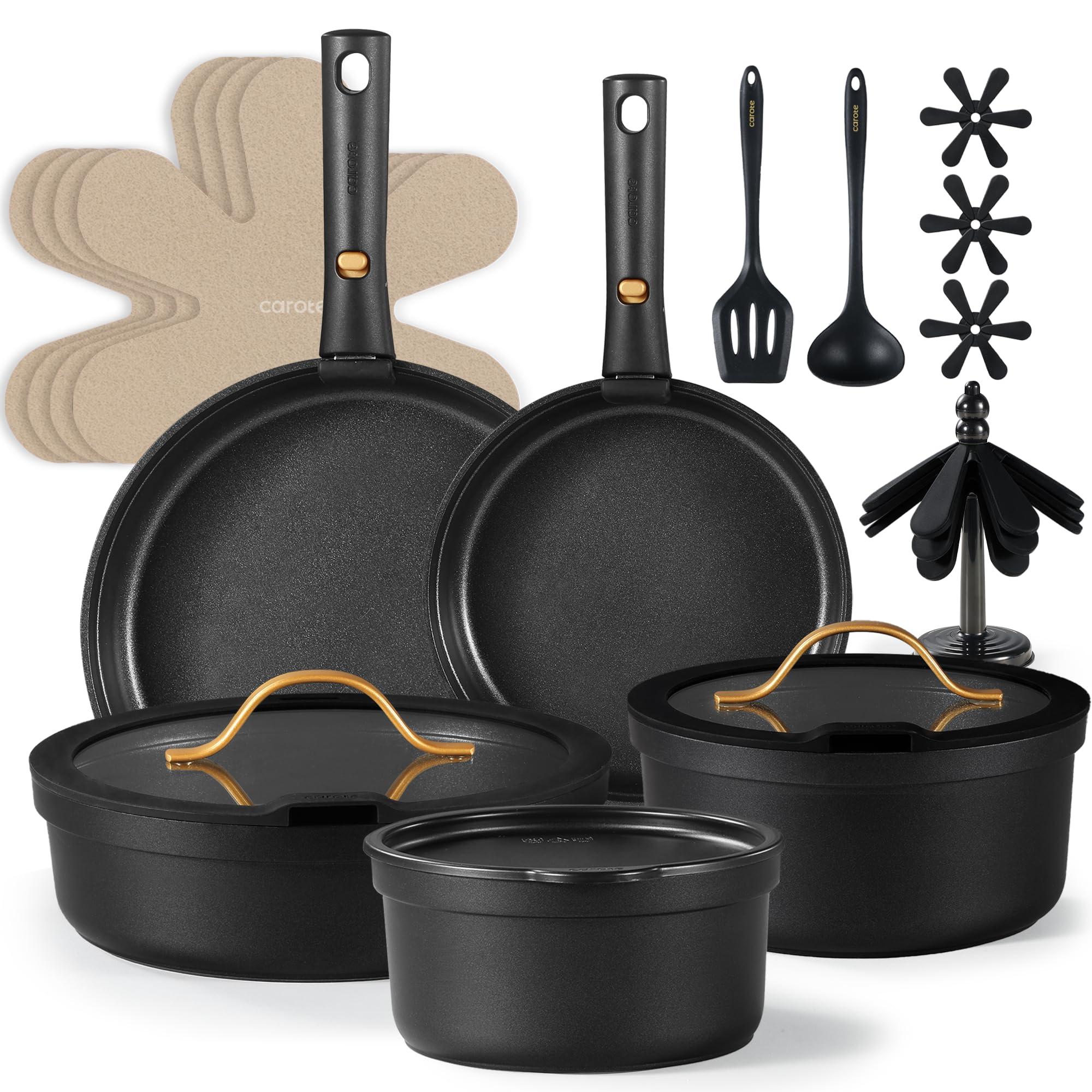 CAROTE 20pcs Pots and Pans Set Non Stick, Nonstick Cookware Set, Dishwasher/Oven/Fridge Safe Pots and Pans, Removable Handle RV Oven Safe Cookware, Induction Kitchen Set, Black