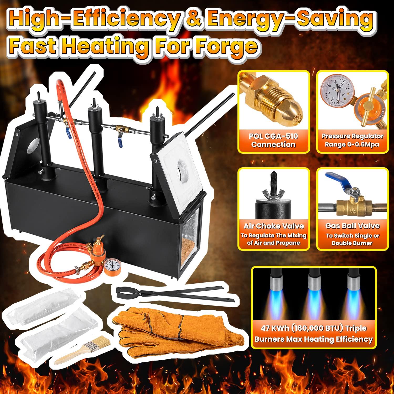 Triple Burners Portable Propane Gas Forge Three Burners 2700°F/1482℃ Large Capacity Square Forging Furnace for Blacksmithing Farrier Knife Tool Making Equipment with Tong & Gloves 2-Doors - Image 3