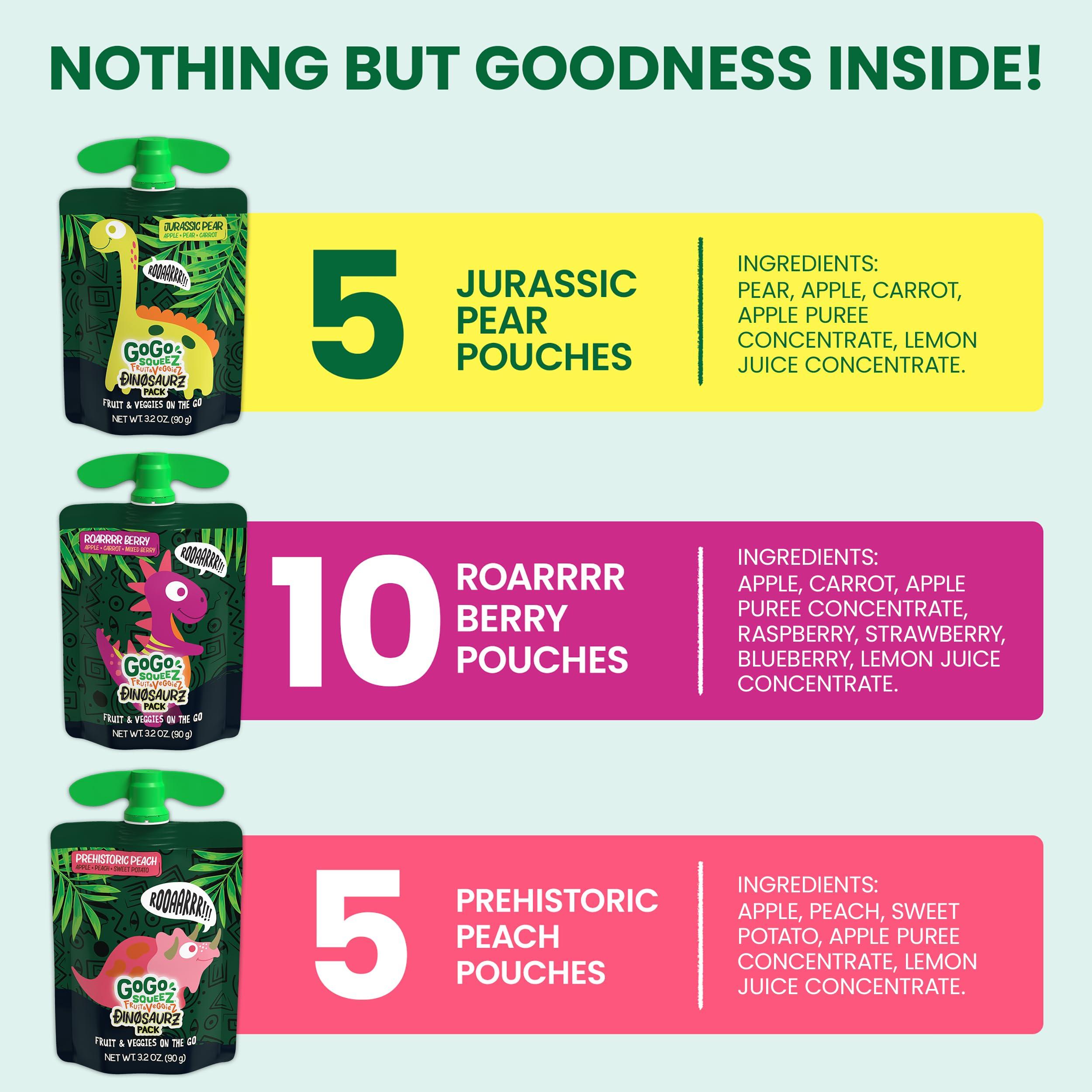 GoGo squeeZ Fruit & veggieZ Applesauce and Puree Variety Pack, Jurassic Pear, Roarrrr Berry & Prehistoric Peach, 3.2 oz (Pack of 20), Unsweetened Snacks for Kids, BPA Free Pouches - Image 4