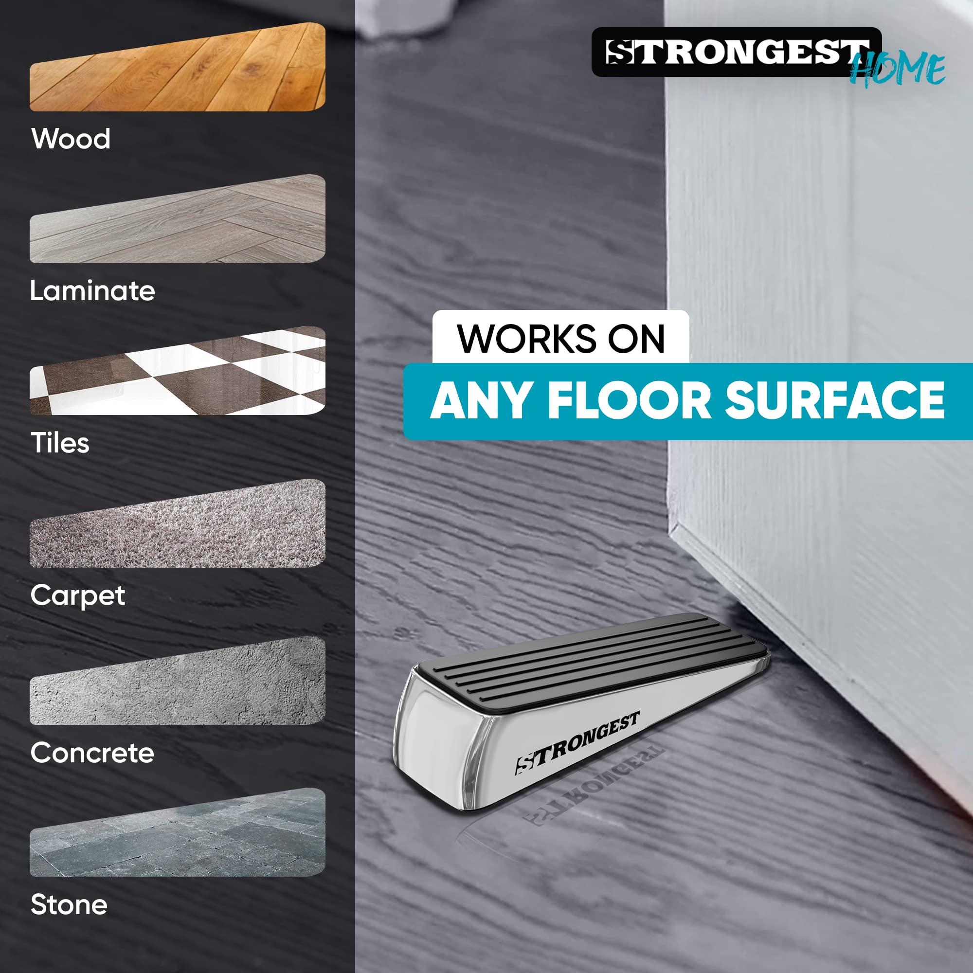 Strongest Home Heavy Duty Door Stopper Wedge (2 Chrome PCs) | Non-Slip Rubber and Metal Door Stop for Heavy Doors| Work on Wood, Tile, Carpet + 2 White Wall Protectors - Image 4