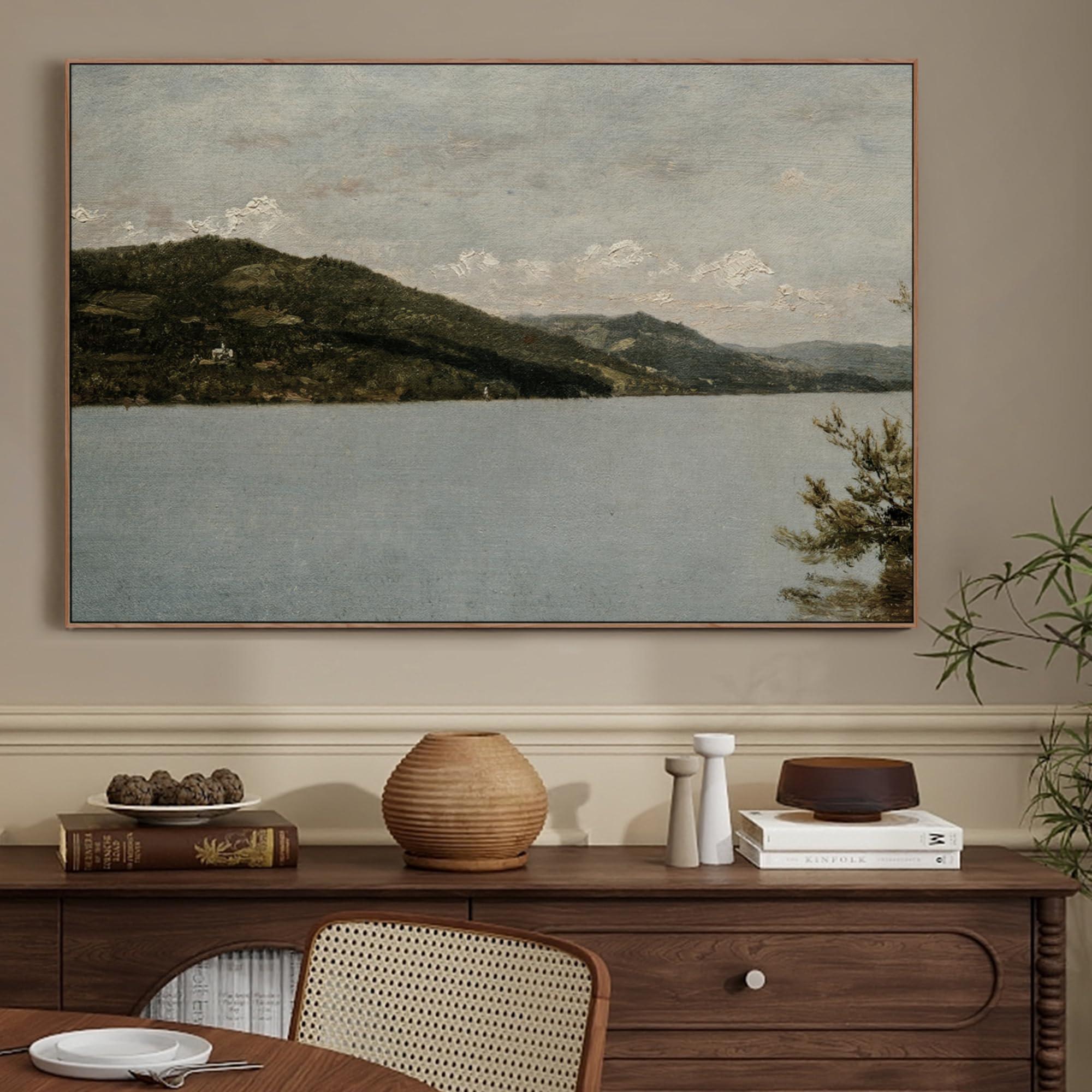 crmotu Framed Canvas Wall Art, Lake Landscape Vintage Large Artwork, Nature Scenery Retro Art Prints, Mountain River Moody Wall Painting for Living Room Bedroom Bathroom Office Decor Aesthetic 24x36in - Image 2