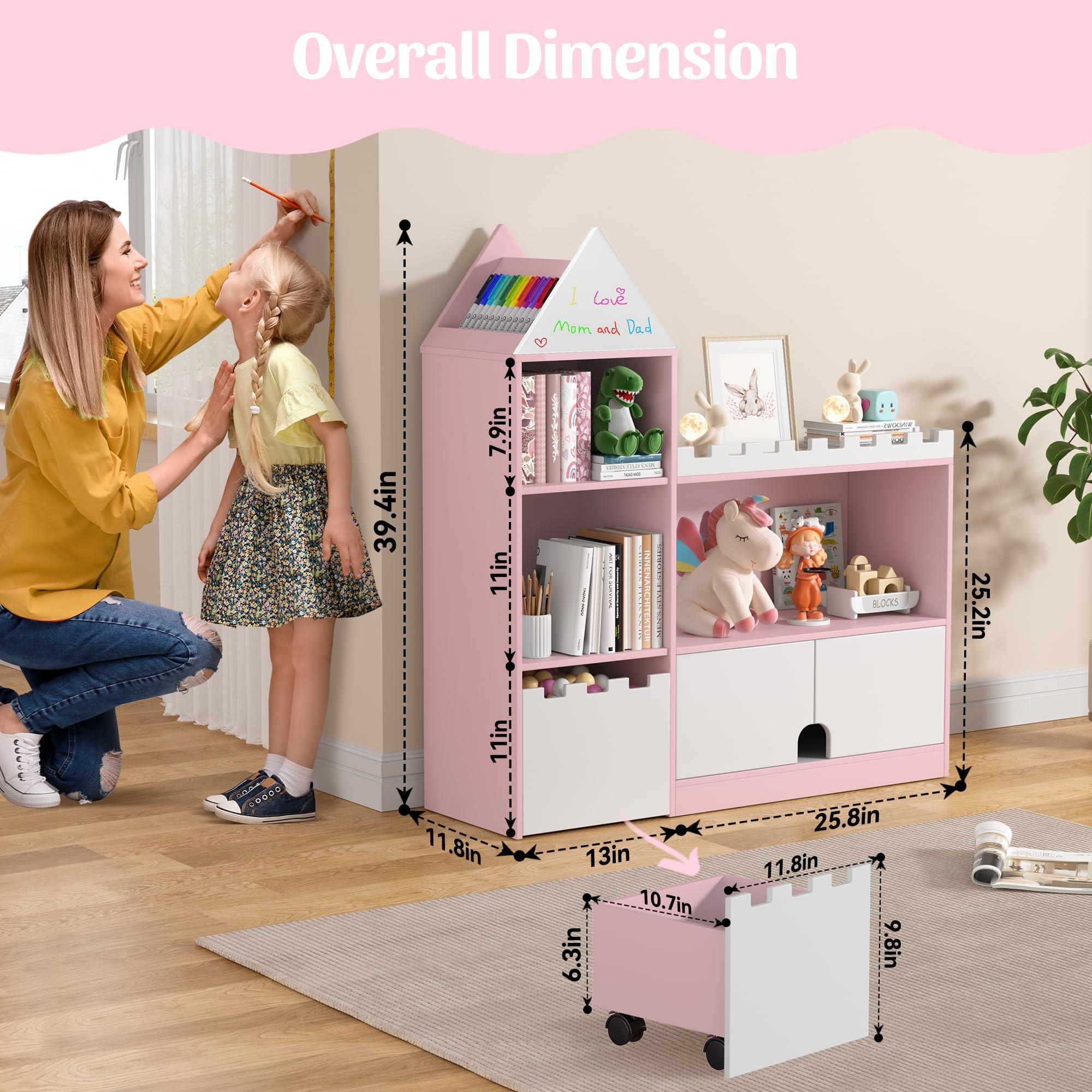 Decofy Toy Storage Organizer, Kids Castle Bookshelf, 6 Cubby Children Bookshelf, 39.4’’ Wood Montessori Shelf Baby Book Shelf for Nursery, Playroom, Living Room (Pink) - Image 2