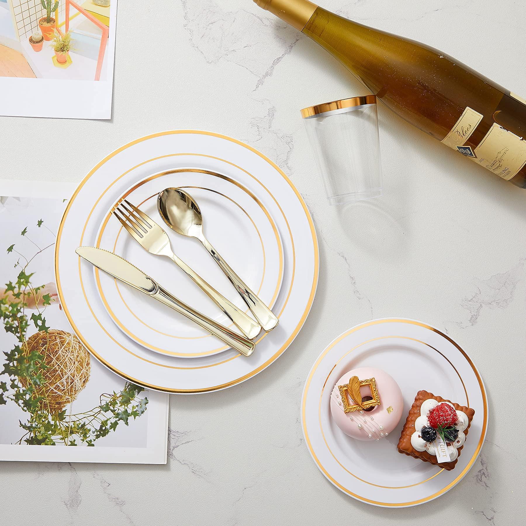 N9R 300PCS Gold Plastic Silverware, Heavy Duty Gold Plastic Cutlery Set Disposable Flatware Dinnerware, 100 Forks, 100 Spoons, 100 Knives, Perfect for Party, Wedding and Daily Use - Image 8