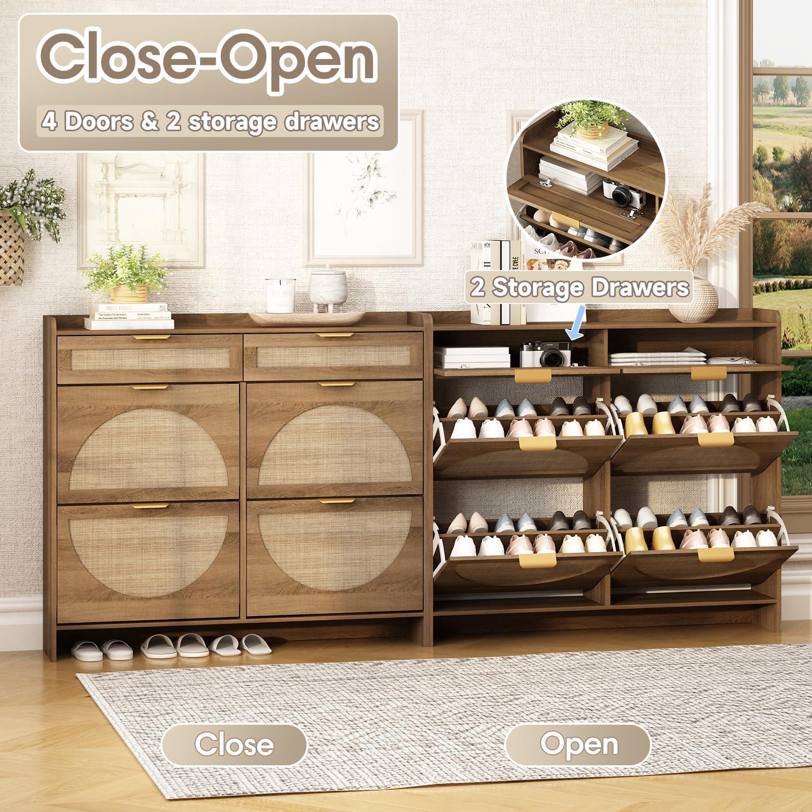 WINWY Rattan Shoe Storage Cabinet with 4 Flip Drawers & 2 Drawers, Freestanding Organizer for Front Door Entrance, Hidden Narrow Shoe Rack Cabinet Storage for Entryway, Rustic Oak Rattan - Image 3