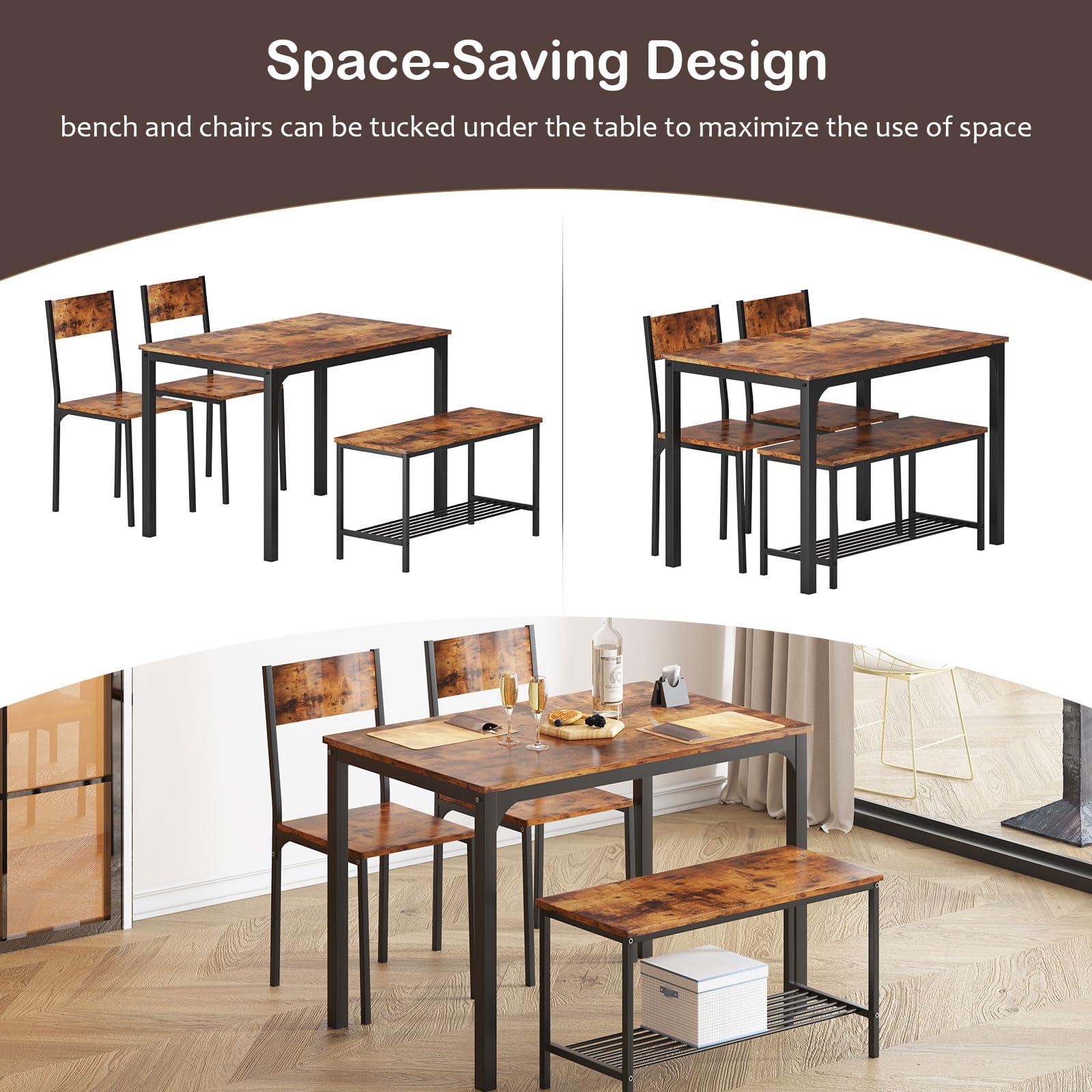 soges 4 Person Dining Table Set, 43.3inch Kitchen Table Set for 4, Dining Room 2 Chairs with Backrest, 2-Person Bench with Storage Rack, Vintage Brown - Image 5