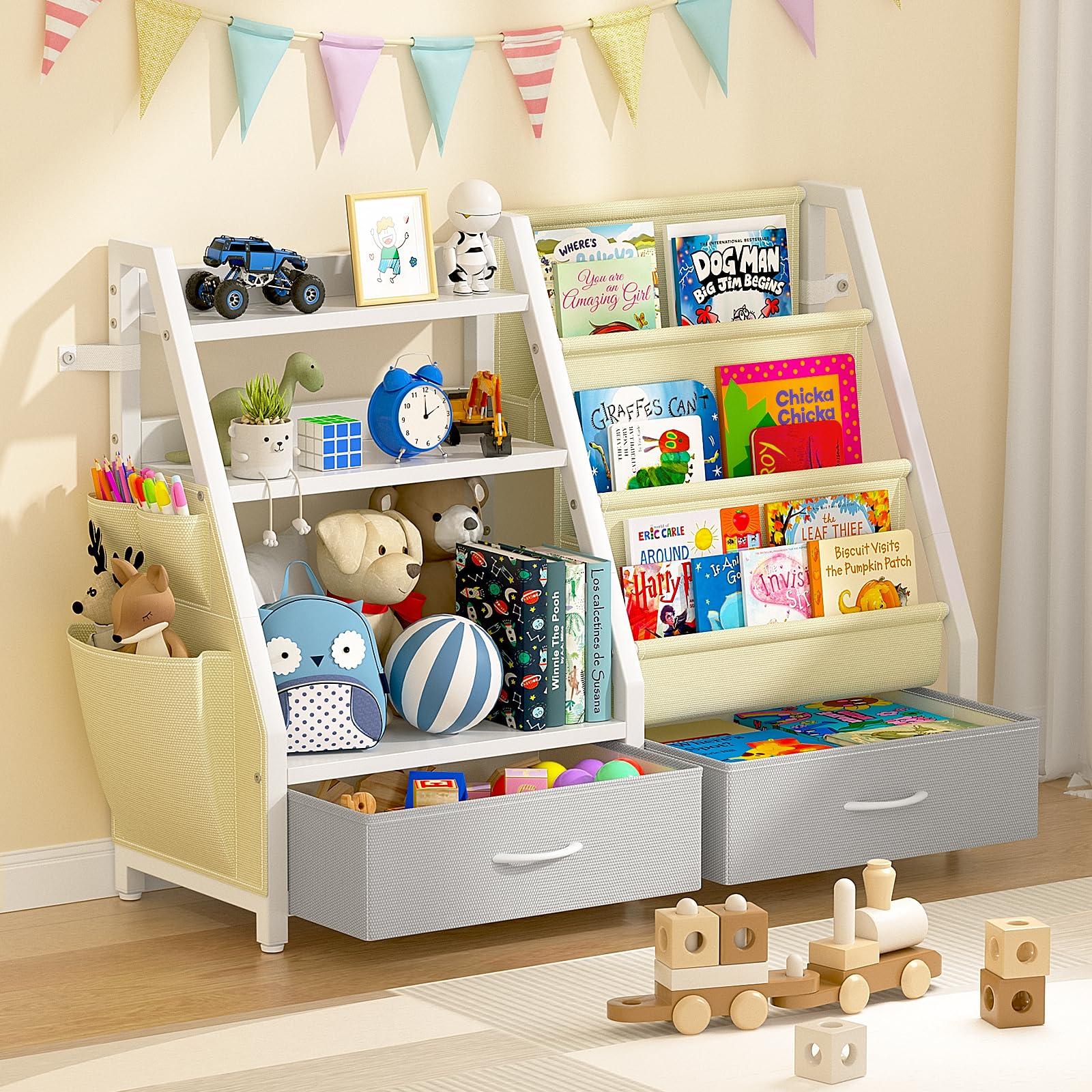 Twinkoo Kids Bookshelf and Toy Organizer, Sturdy 3 Tier Kids Bookcase, Sling Bookshelf and 2 Toy Bins, Toddler Montessori Book Shelf with Toy Storage Organizer for Children Room, Playroom, Nursery
