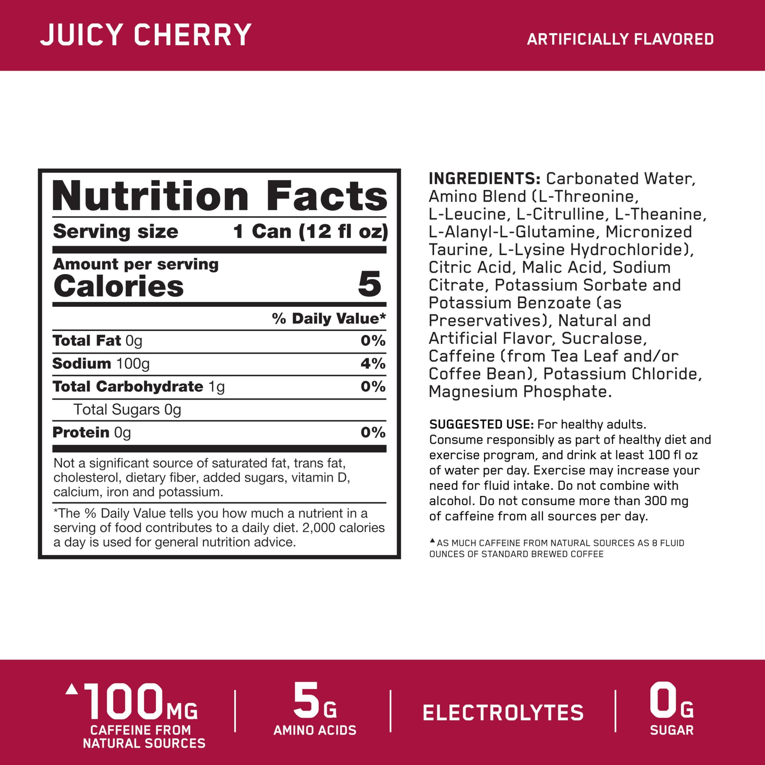 Optimum Nutrition Amino Energy Sparkling Hydration Drink, Electrolytes, Caffeine, Amino Acids, BCAAs, Sugar Free, Juicy Cherry, 12 Fl Oz, 12 Pack (Packaging May Vary) - Image 2