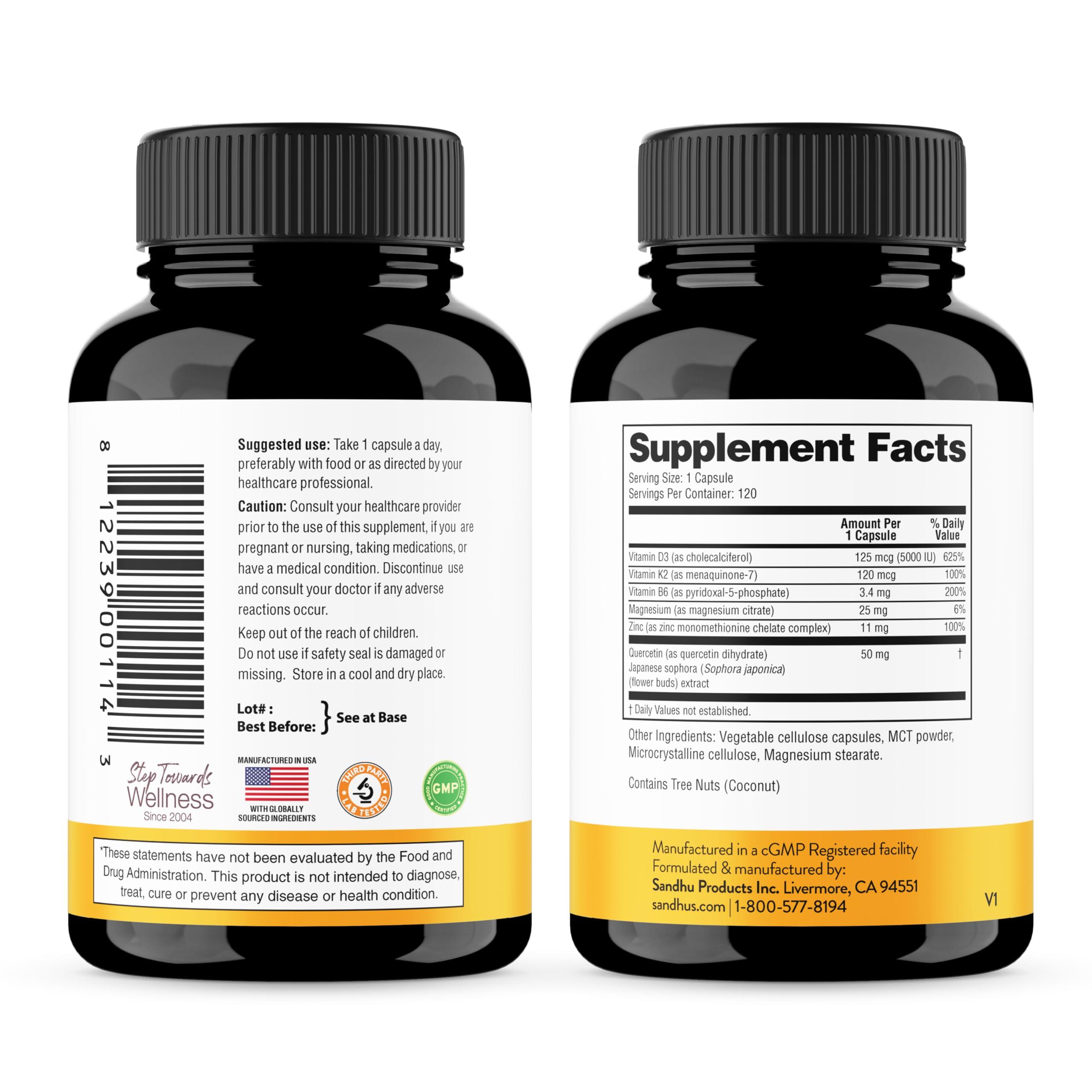 Sandhu's Vitamin D3 K2 Magnesium 5000 IU, 120mcg K2 Capsules 120 Count (Pack of 1) | VIT B6, D3K2, Zinc & Quercetin | Superior Absorption, Supports Energy, Immune, Bone & Muscle Health for Men & Women - Image 5