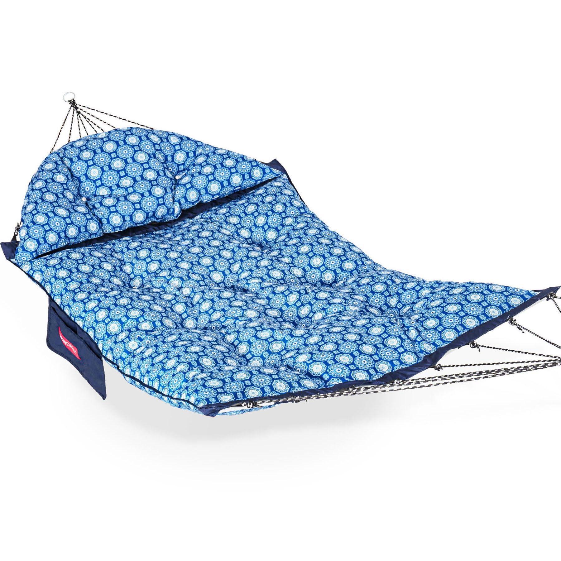 Lazy Daze Hammocks Deluxe 12 FT Thickened Fabric Hammock with Curved Aluminium Spreader, Outside Double Hammock with Large Soft Pillow, Side Pocket 450 Lbs Capacity for Patio, Blue Floral