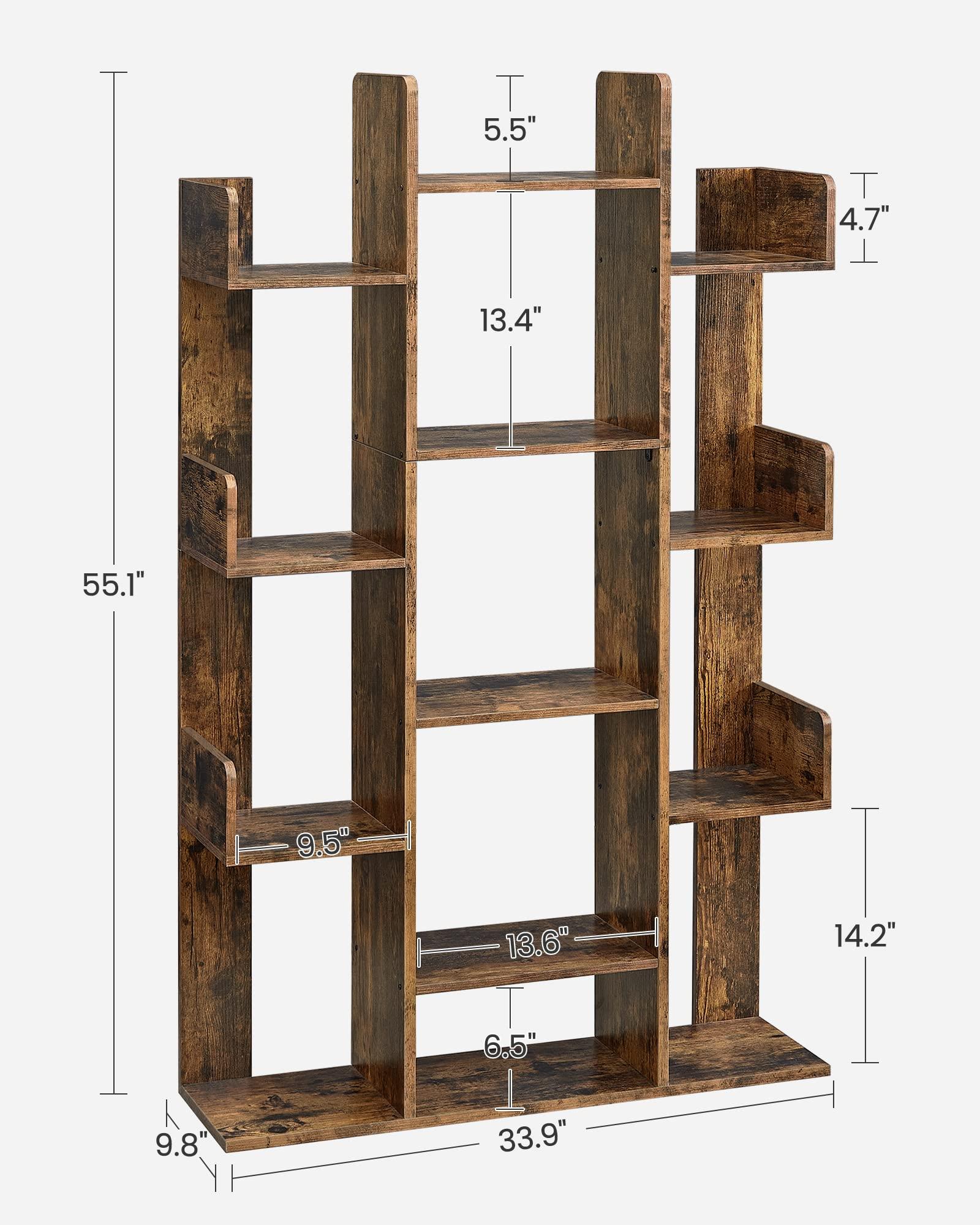 VASAGLE Bookshelf, Tree-Shaped Bookcase with 13 Storage Shelves, Rounded Corners, 9.8”D x 33.9”W x 55.1”H, Rustic Brown ULBC67BXV1 - Image 3