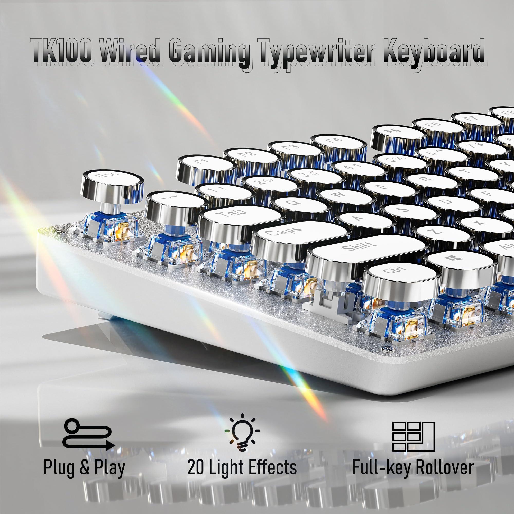 SEUNKWANG EWEADN TK100 Typewriter Style Wired Mechanical Keyboard, 104 Keys Aesthetic Typewriter Keyboard with White Backlit, Anti-Ghosting, Blue Switch Wired Cute Keyboards-White - Image 2