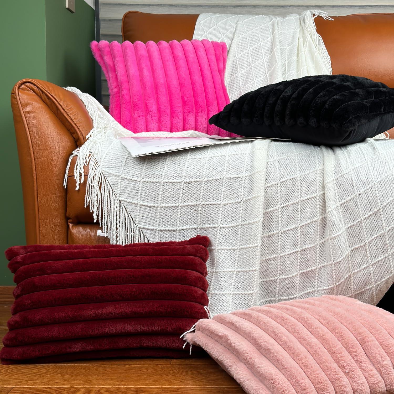 18x18 Throw Pillow Covers Set of 2, Decorative Faux Fur Covers for Bed, Couch Soft Fluffy Pillow Cover with Velvet Back for Living Room, Neutral Home Décor Accent for Sofa - Pink - Image 8