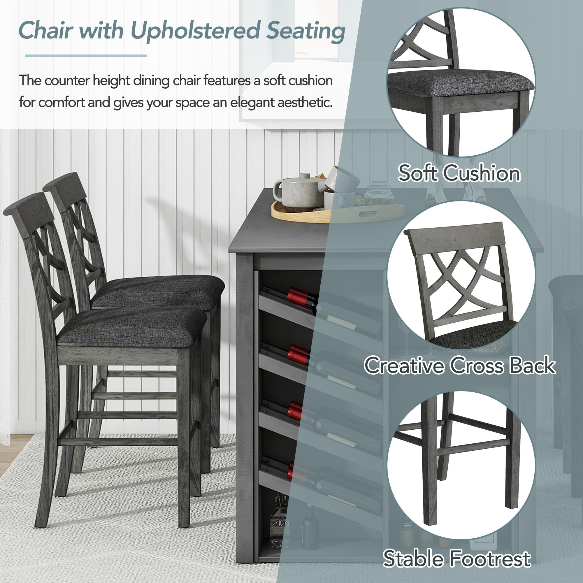 Merax 5 Piece Farmhouse Counter Height Dining Table Set with Wine Rack - Wood Table, 4 Upholstered Chairs for Kitchen Dining Room Grey - Image 7