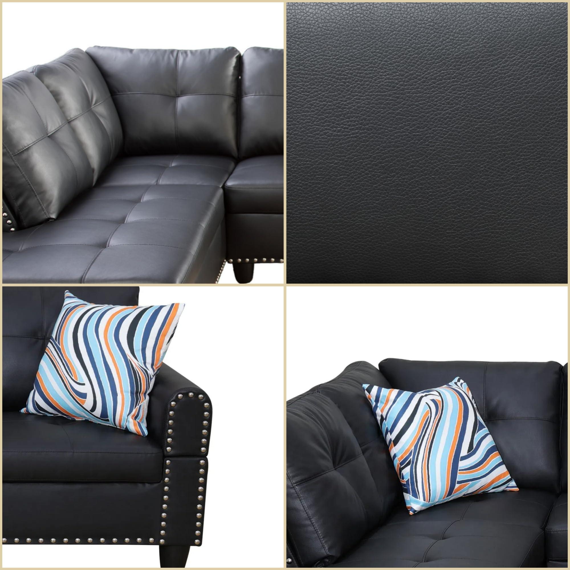 FONTOI Leather Sectional Couch Sofa, Modern Nail-Head Design L Shaped Sectional Sofa for Living Room, 4 Seat L Couch with Cup Holder for Bedroom, Black ZA - Image 4