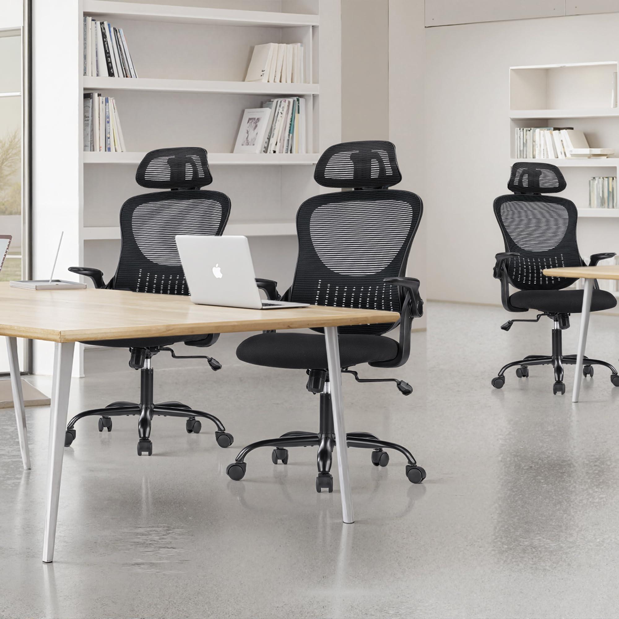 Ergonomic Office Chair, High-Back Computer Desk Mesh Swivel Task Chairs with Flip-up Armrest Adjustable Headrests, Comfortable Lumbar Support Rolling Wheels, for Home, Work, Study, Black - Image 7
