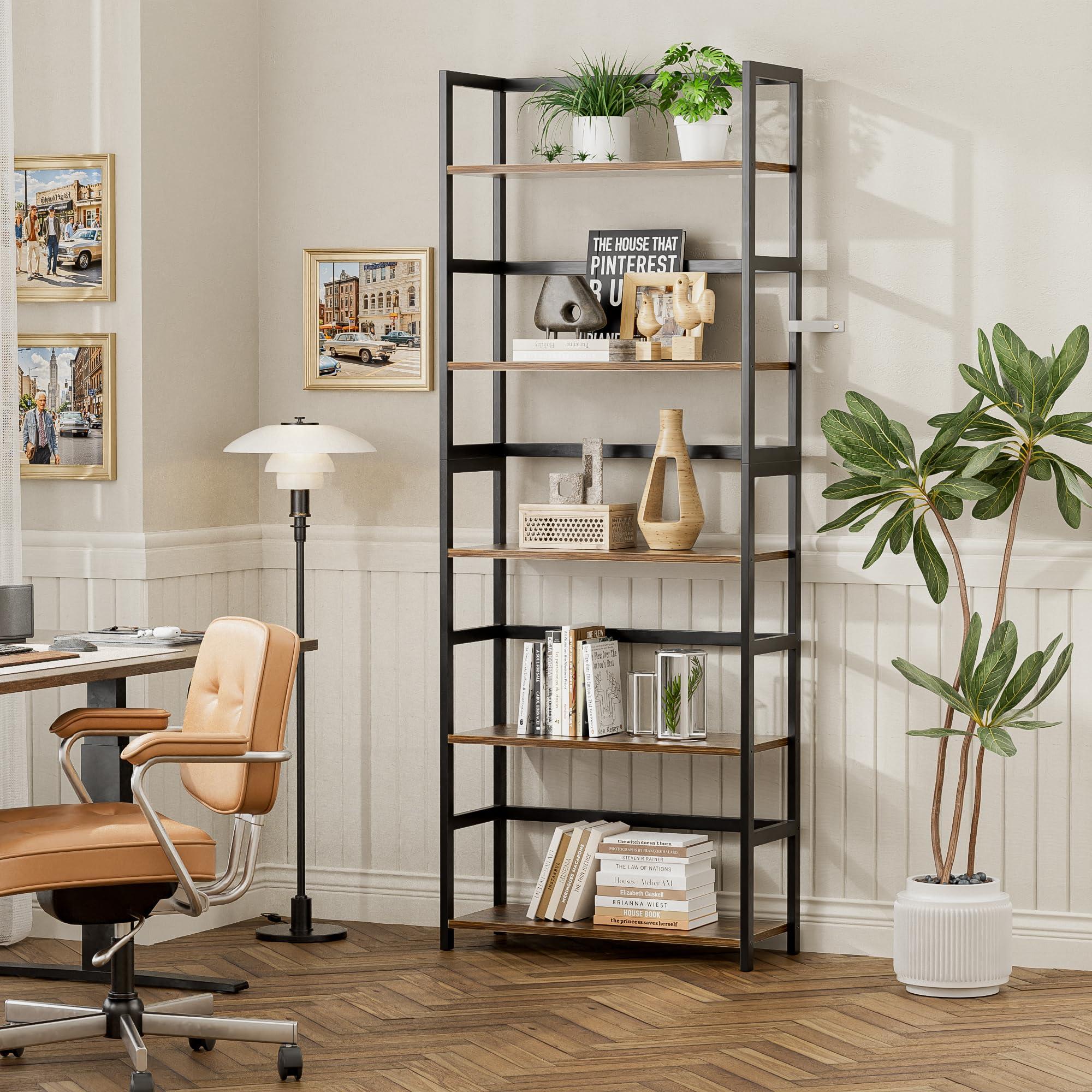 vovala 5-Tier Bookshelf, Industrial Bookcase with Bamboo Frame, Modern Display Standing Shelf Unit, Tall Wood Storage Organizer for Living Room, Home Office, Rustic Brown - Image 4