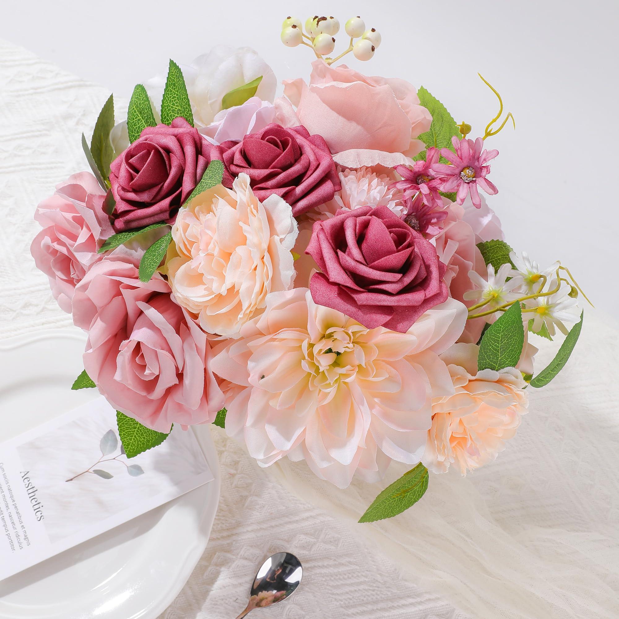 AGIRL Rose Artificial Flowers Combo Fake Flowers Pink Roses Silk Flowers with Stems for DIY Bridal Wedding Bouquets Centerpieces Arrangements Table Party Baby Shower Home Decor (Champagne Pink) - Image 3
