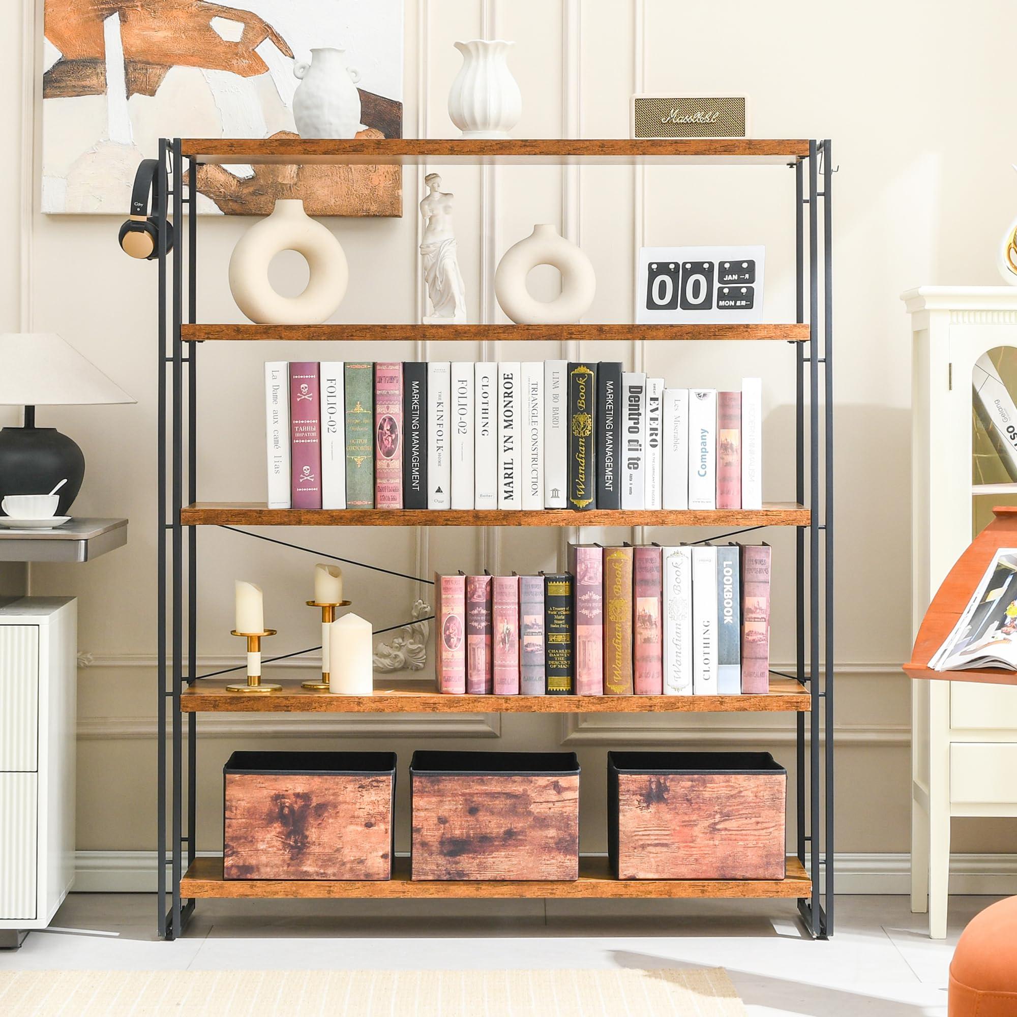 HCHQHS Bookshelf, 5-Tier Industrial Bookcase, Rustic Open Book Shelf, Freestanding Tall Bookshelves with Metal Frame - Image 7