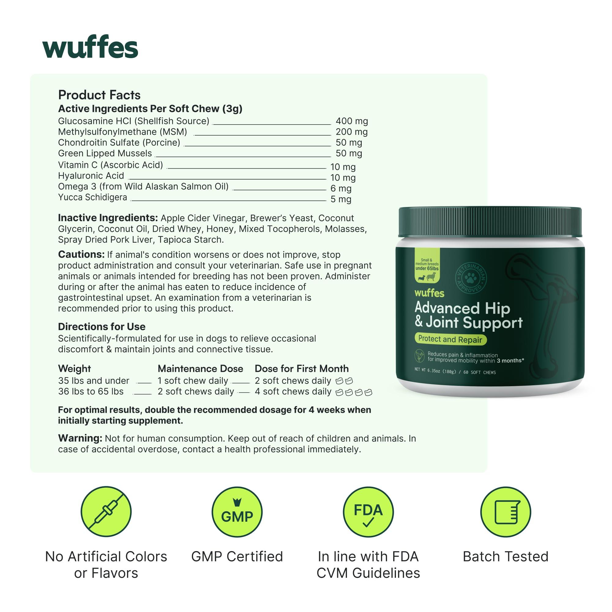 Wuffes Advanced Dog Hip and Joint Supplement with Glucosamine, Chondroitin, Omega 3, MSM, and Green Lipped Mussel, 60 Pork Flavored Chews for Small and Medium Dog Breeds - Image 7