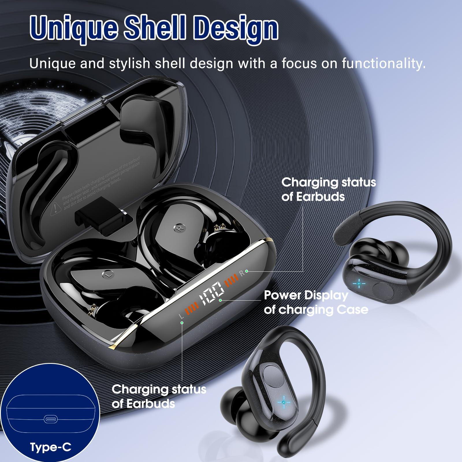 Qecnato Wireless Earbuds Bluetooth 5.4 Headphones Sports, 75H Stereo Deep Bass Over Ear Buds with Earhooks, Bluetooth Earbuds with 4 ENC Mic, LED Display, IP7 Waterproof Earphone for Running, Black - Image 5