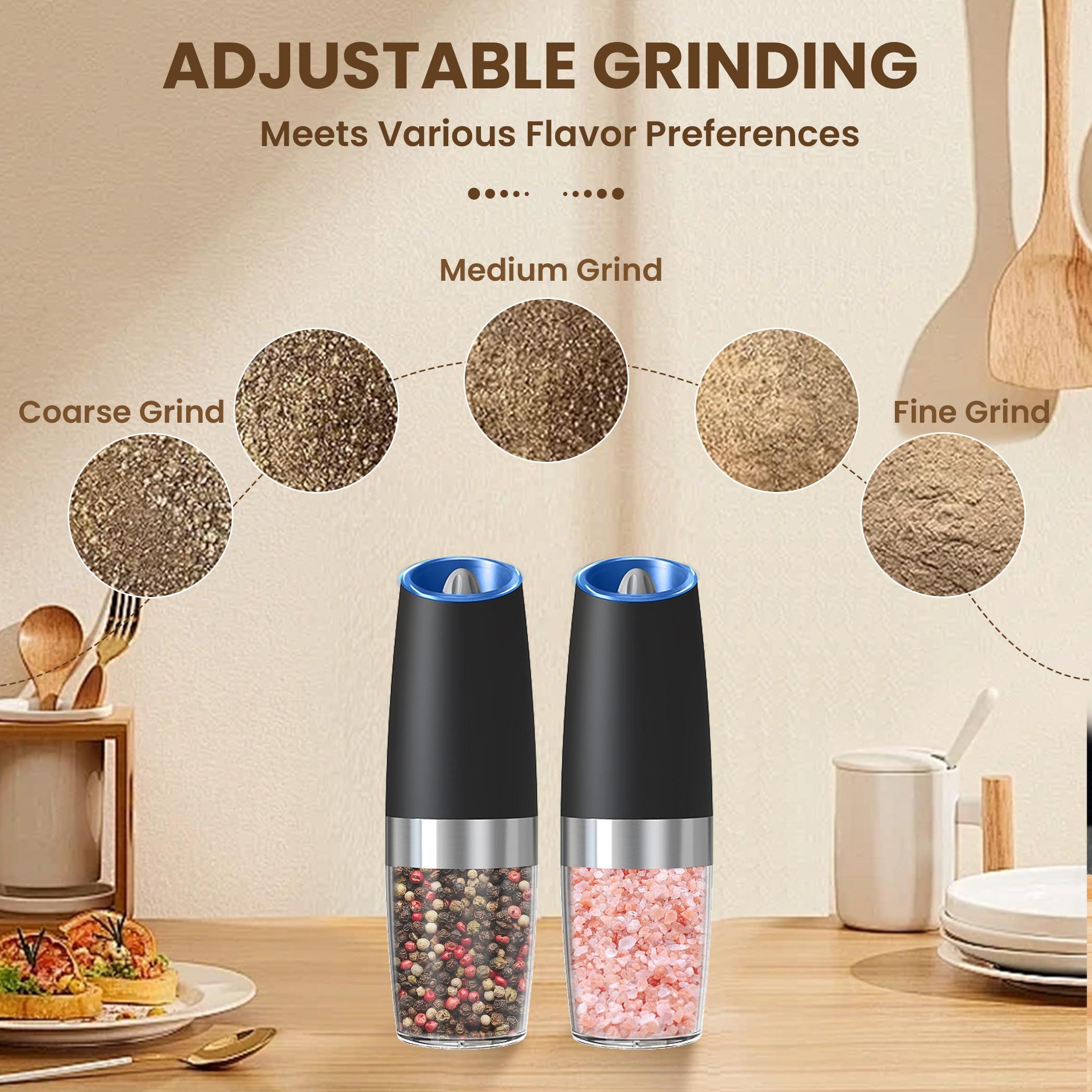 KIARYUOLL Gravity Electric Salt And Pepper Grinder Set, Automatic Salt And Pepper Grinder Set, Battery Powered (6 AAA Batteries Each), Adjustable Roughness, LED Light, 2 Pack, (Black) - Image 4