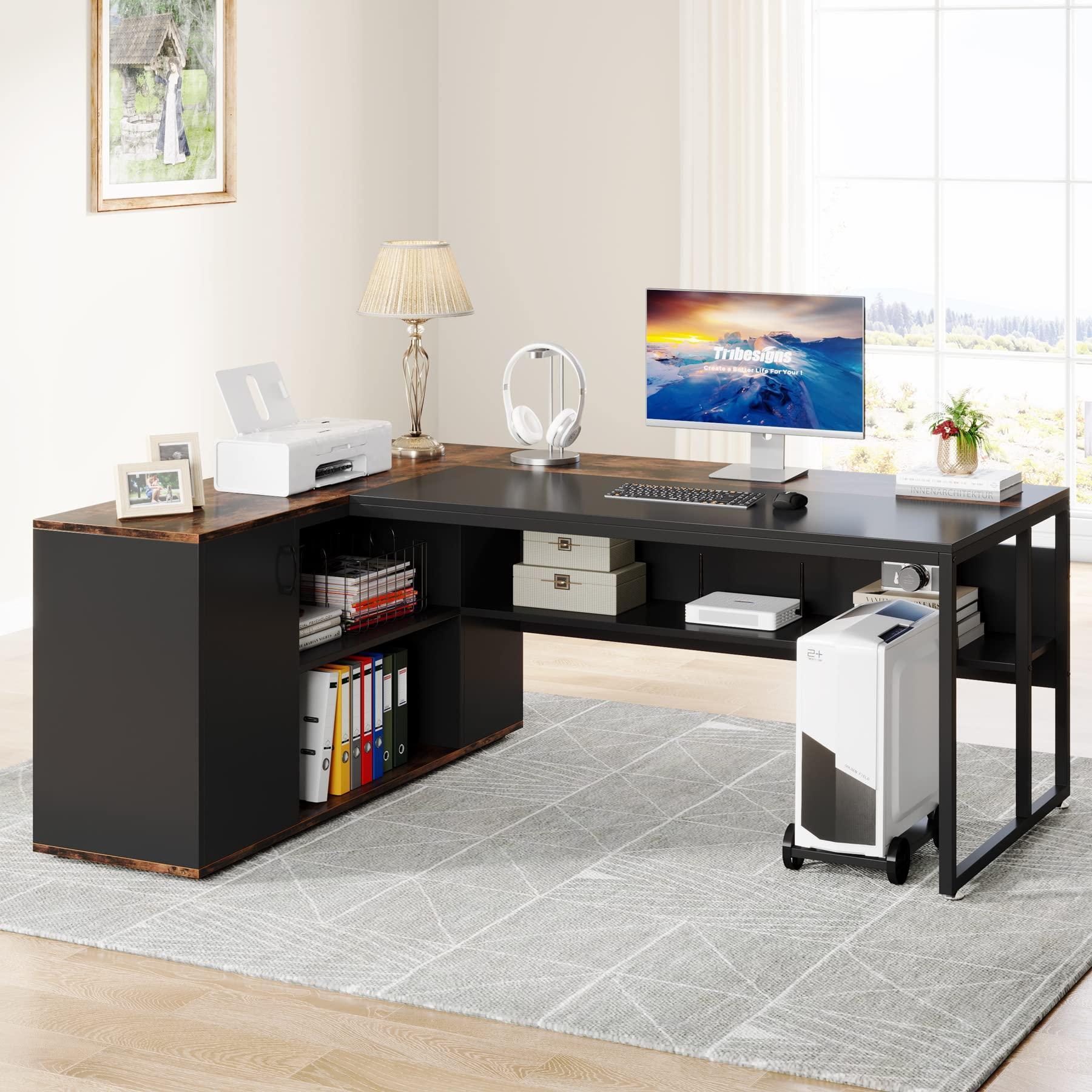 Tribesigns 71 inch Executive Desk, L Shaped Desk with Cabinet Storage, Executive Office Desk with Shelves, Business Furniture Workstation for Home Office, Brown and Black - Image 6