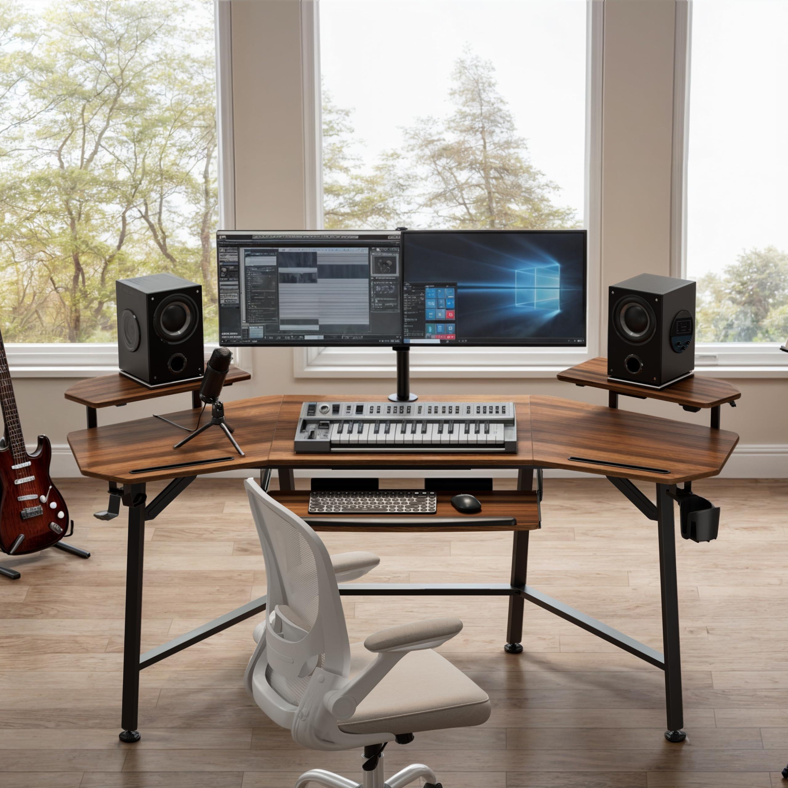 EUREKA ERGONOMIC 72" Gaming Desk W Keyboard Tray, Wing-Shaped Music Studio Desk, Large Computer Table W LED Convertible Monitor Stand Dual Headphone Hanger for Recording Live Streamer, Walnut Wood - Image 2
