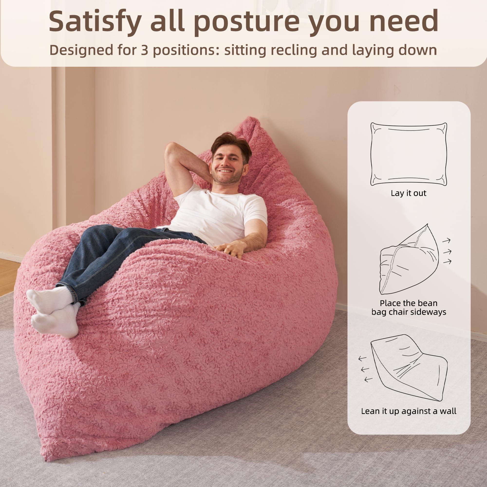 HABUTWAY 4 in 1 Bean Bag Chair, Giant Memory Foam Filling Bean Bag Sofa, Adult Bean Bag Chair, Machine Washable Faux Fur Cover, Bean Bag for Adult (Pink) - Image 4