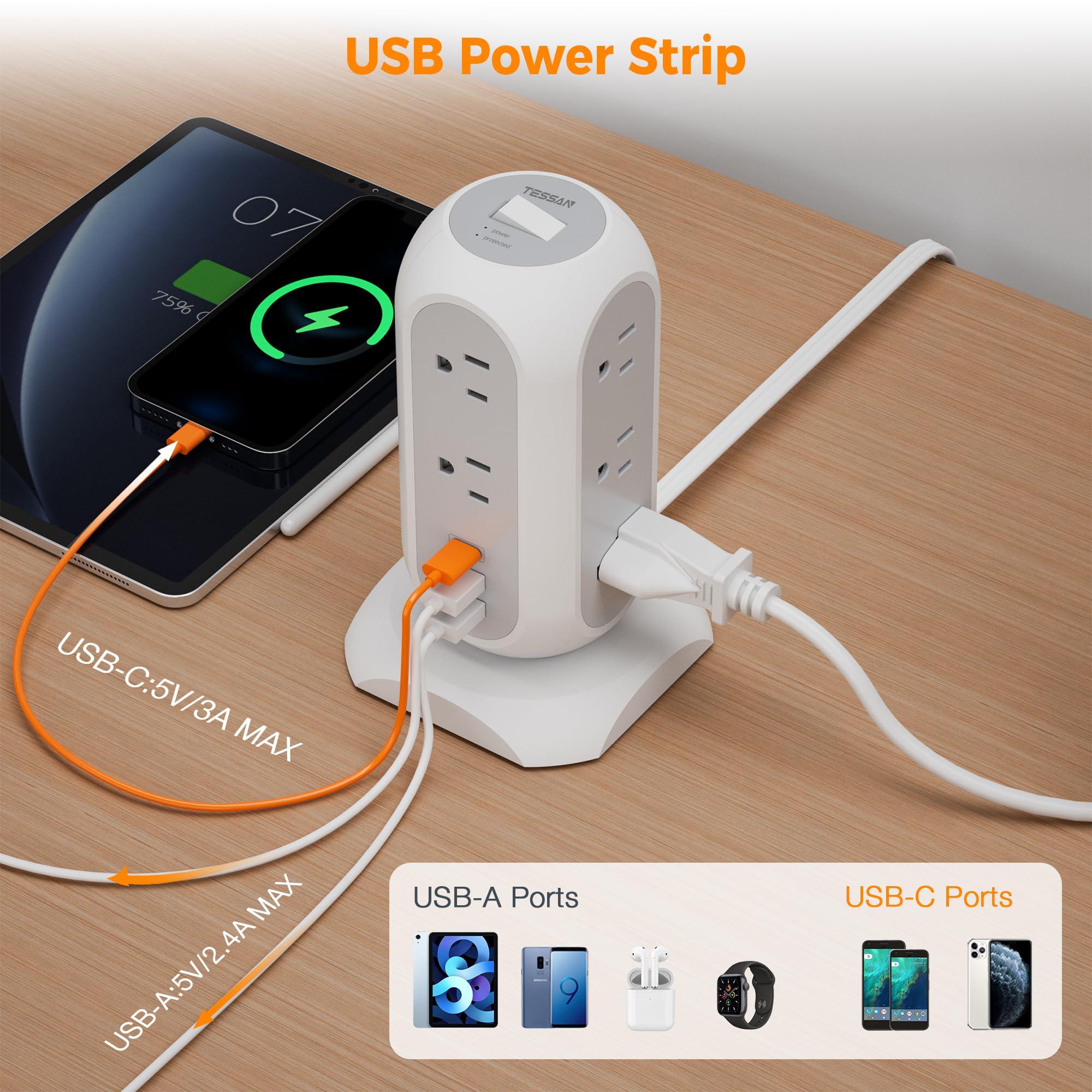 Tower Power Strip Flat Plug with 11 Outlets 3 USB (1 USB C), TESSAN Surge Protector Tower 1625W/13A,1050J Protection, 6 Feet Extension Cord with Multiple Outlets, Office Desk Supplies, Dorm Essentials - Image 3