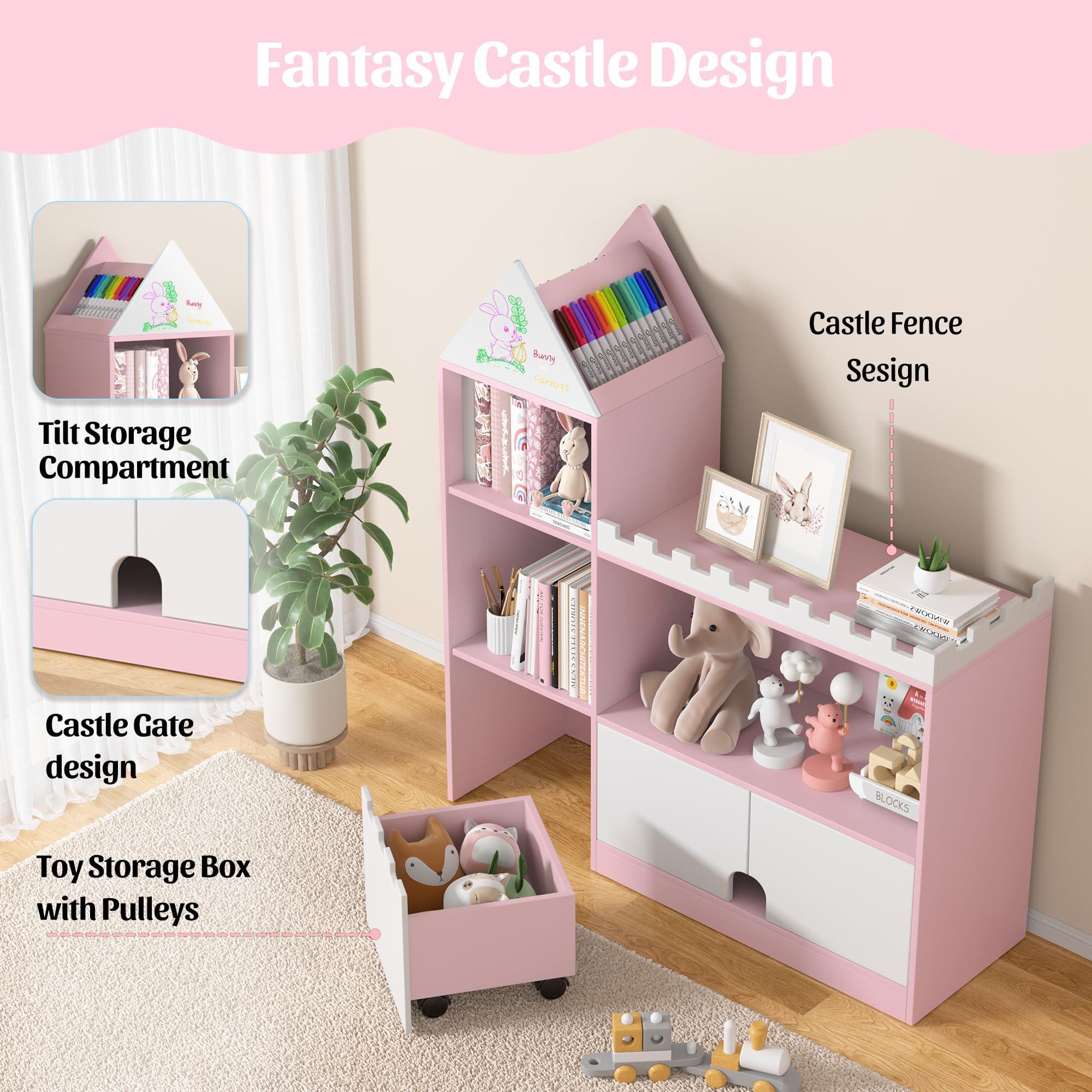 Decofy Toy Storage Organizer, Kids Castle Bookshelf, 6 Cubby Children Bookshelf, 39.4’’ Wood Montessori Shelf Baby Book Shelf for Nursery, Playroom, Living Room (Pink) - Image 7
