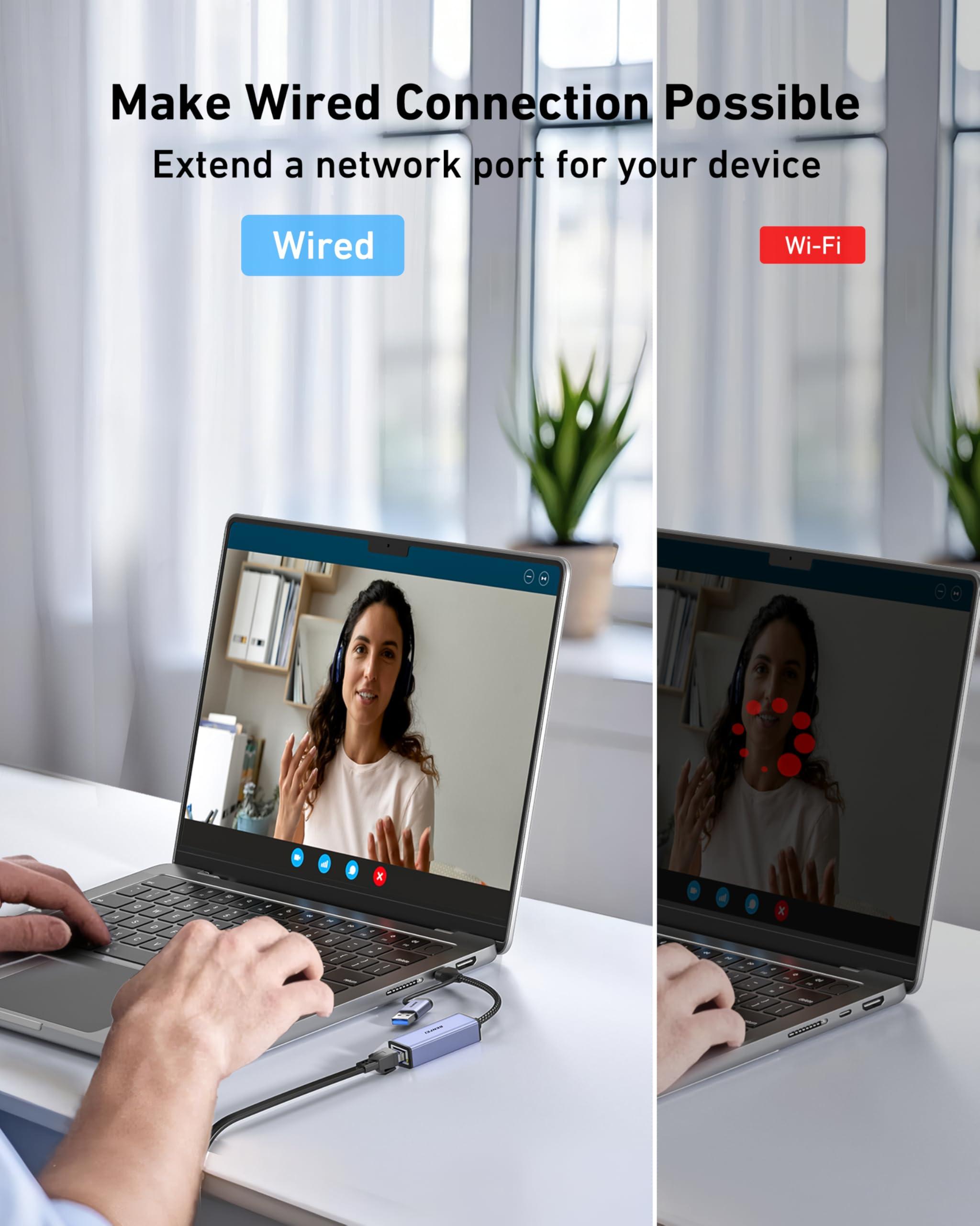 BENFEI USB 3.0 to Ethernet Adapter, USB C to RJ45 Gigabit LAN (1000Mbps) Network Adapter, Compatible with MacBook/Pro/Air, Surface Pro, Windows 11/10/8/7, Mac OS [Aluminium Shell&Nylon Cable] - Image 2