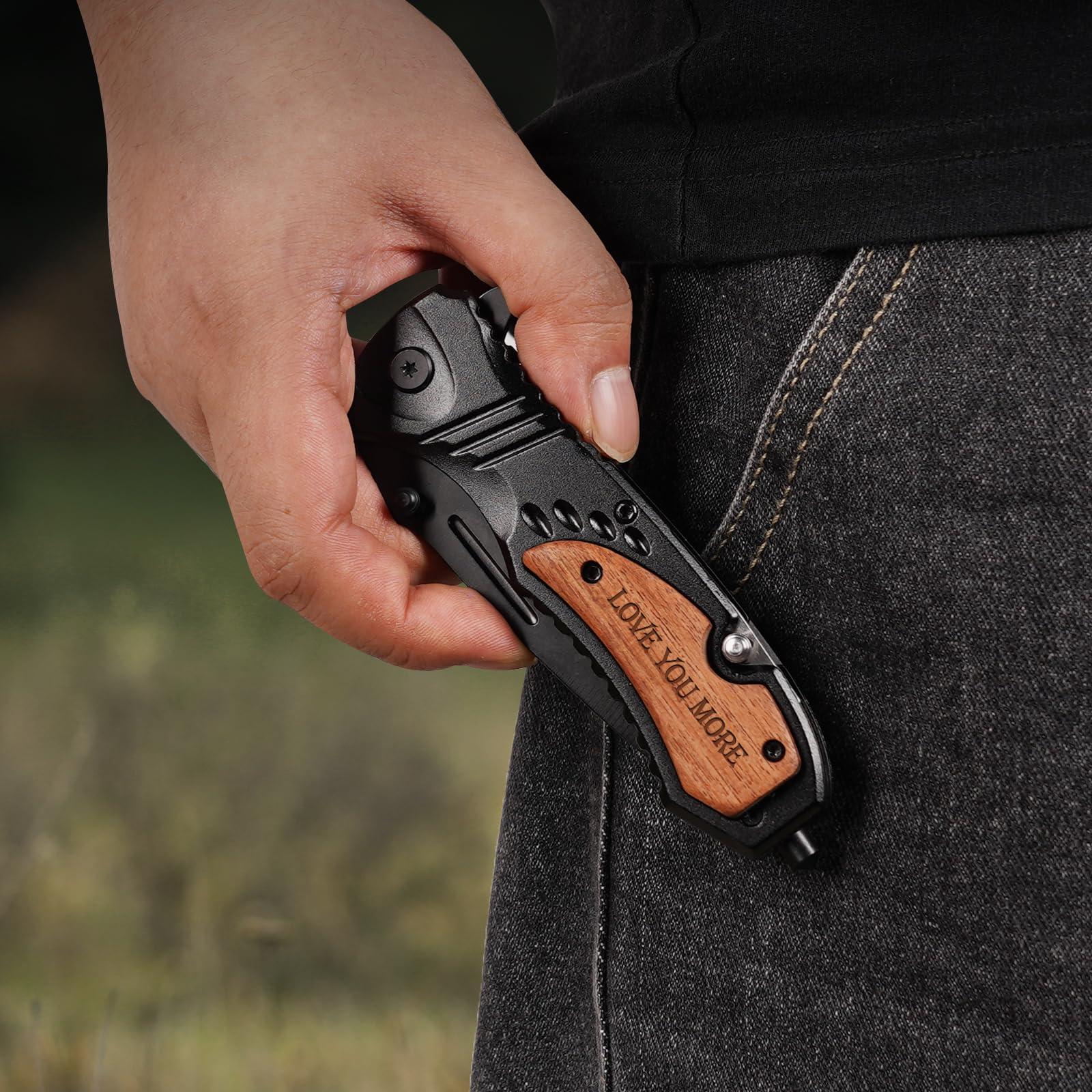 Gifts for Men Him Husband, Anniversary Birthday Gifts ideas for Him, Engraved Pocket Knife, Wooden Handle Folding Knife with Wood Box, Unique Outdoor Camping Hunting Fishing Tool - Image 5