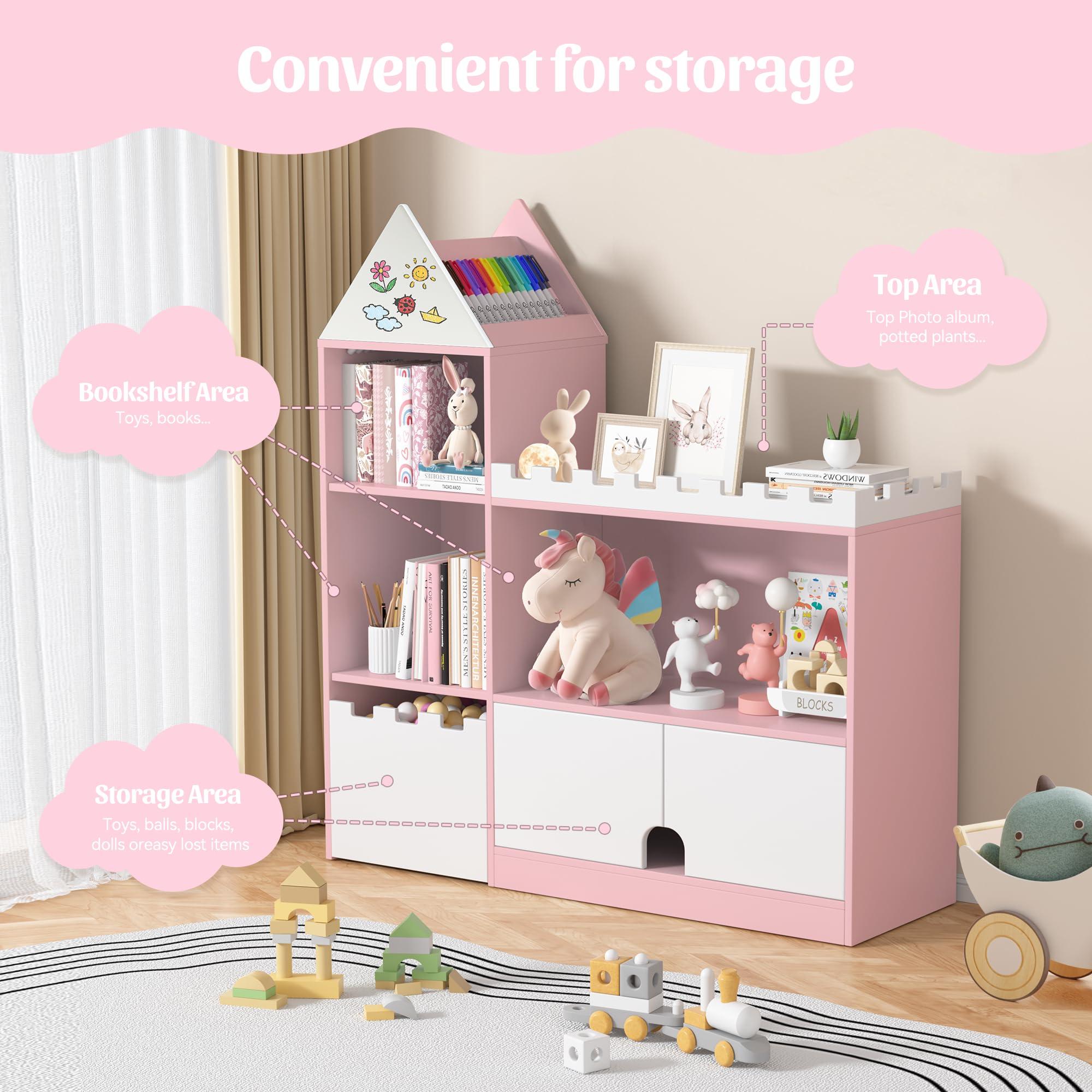 Decofy Toy Storage Organizer, Kids Castle Bookshelf, 6 Cubby Children Bookshelf, 39.4’’ Wood Montessori Shelf Baby Book Shelf for Nursery, Playroom, Living Room (Pink) - Image 4