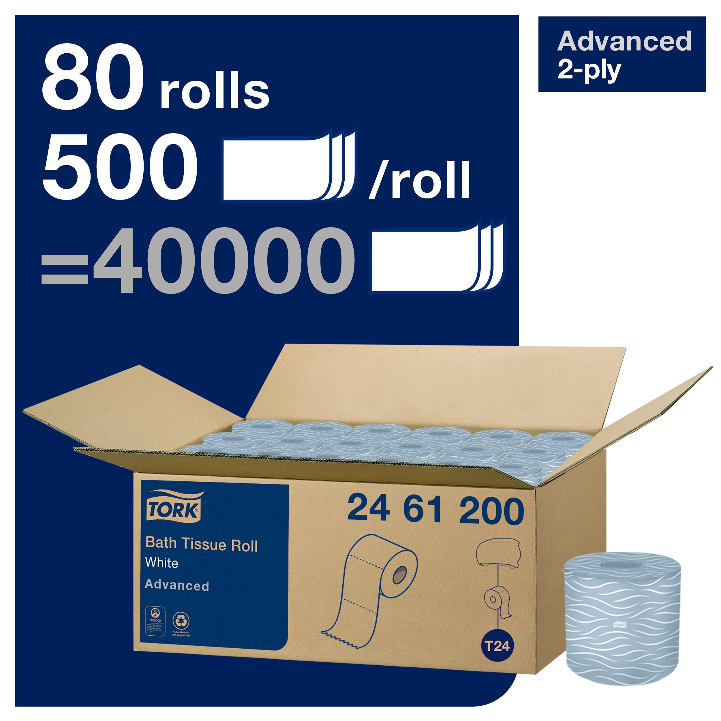 Tork Advanced Toilet Paper Roll, White, Compatible with T24 Dispensers, 2-ply, Soft Tissue, 80 rolls x 500 sheets (2461200) - Image 2
