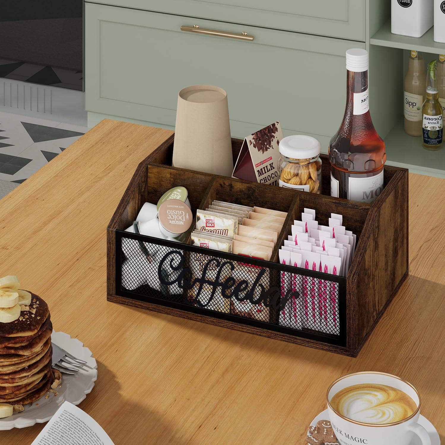 YINMIT Coffee Station Organizer for Countertop, Wood Coffee Bar Organizer with Removable Dividers for Pods, Syrup, Cups, Stirrer, Tea - Office Coffee Bar Accessories - Image 6