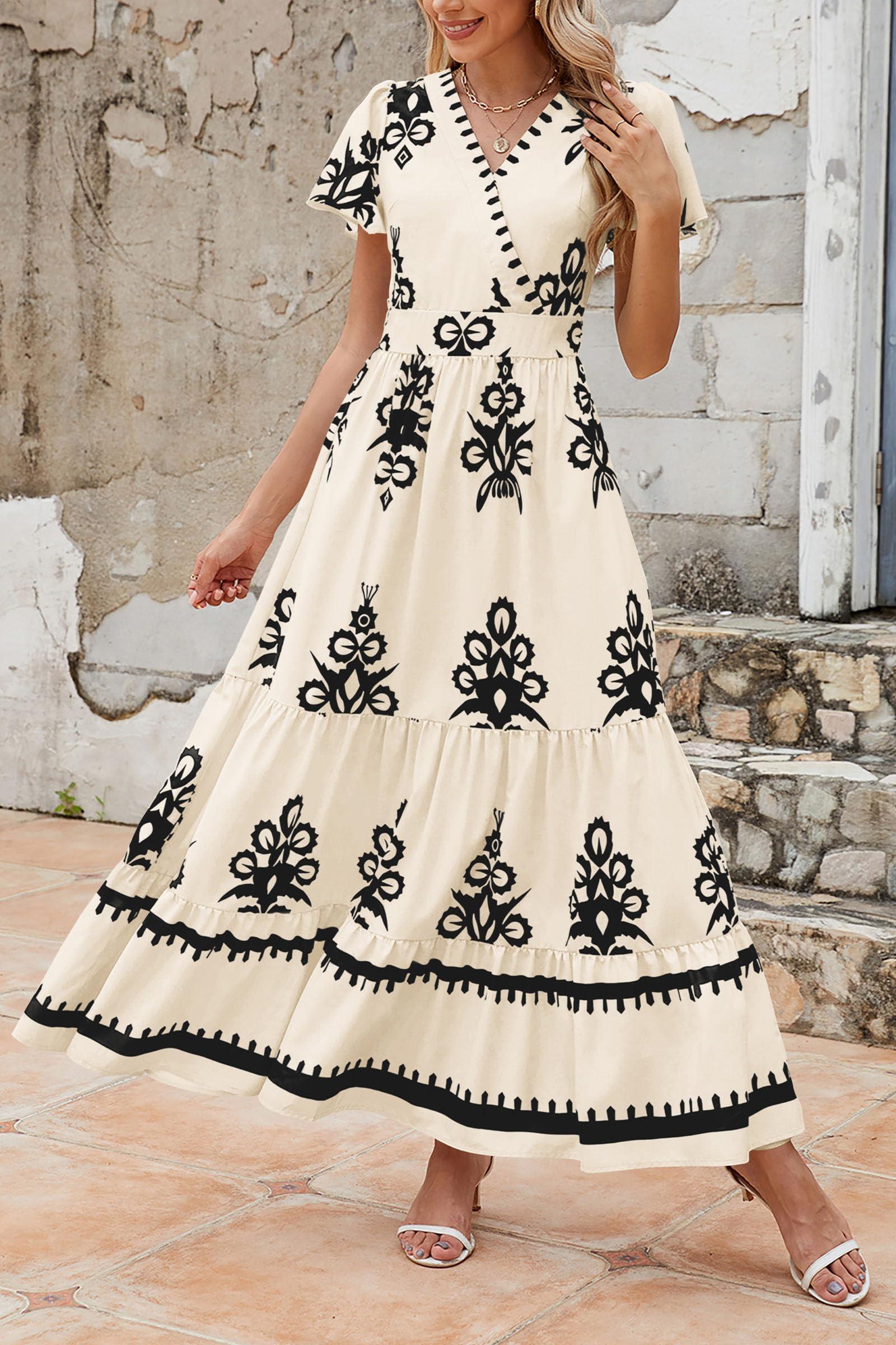 PRETTYGARDEN Womens 2025 Summer Casual V Neck Boho Maxi Dress Flowy Aline Bell Sleeve Tiered Floral Dresses with Pocket - Image 7