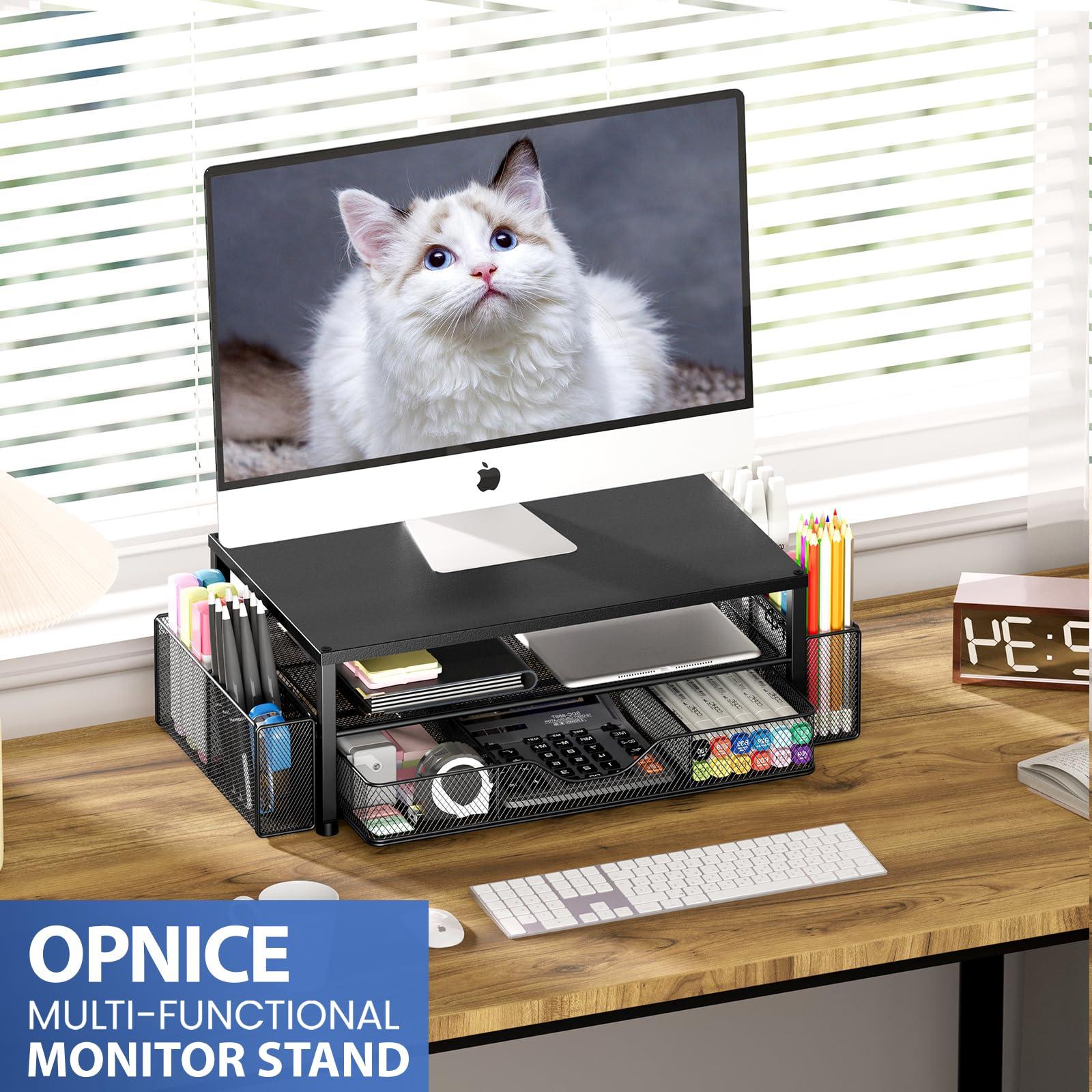 OPNICE Desk Organizer and Accessories, 2-Tier Computer Monitor Stand Riser with Drawer and 2 Pen Holders, Office Desk Accessories for Office Supplies, Black - Image 7
