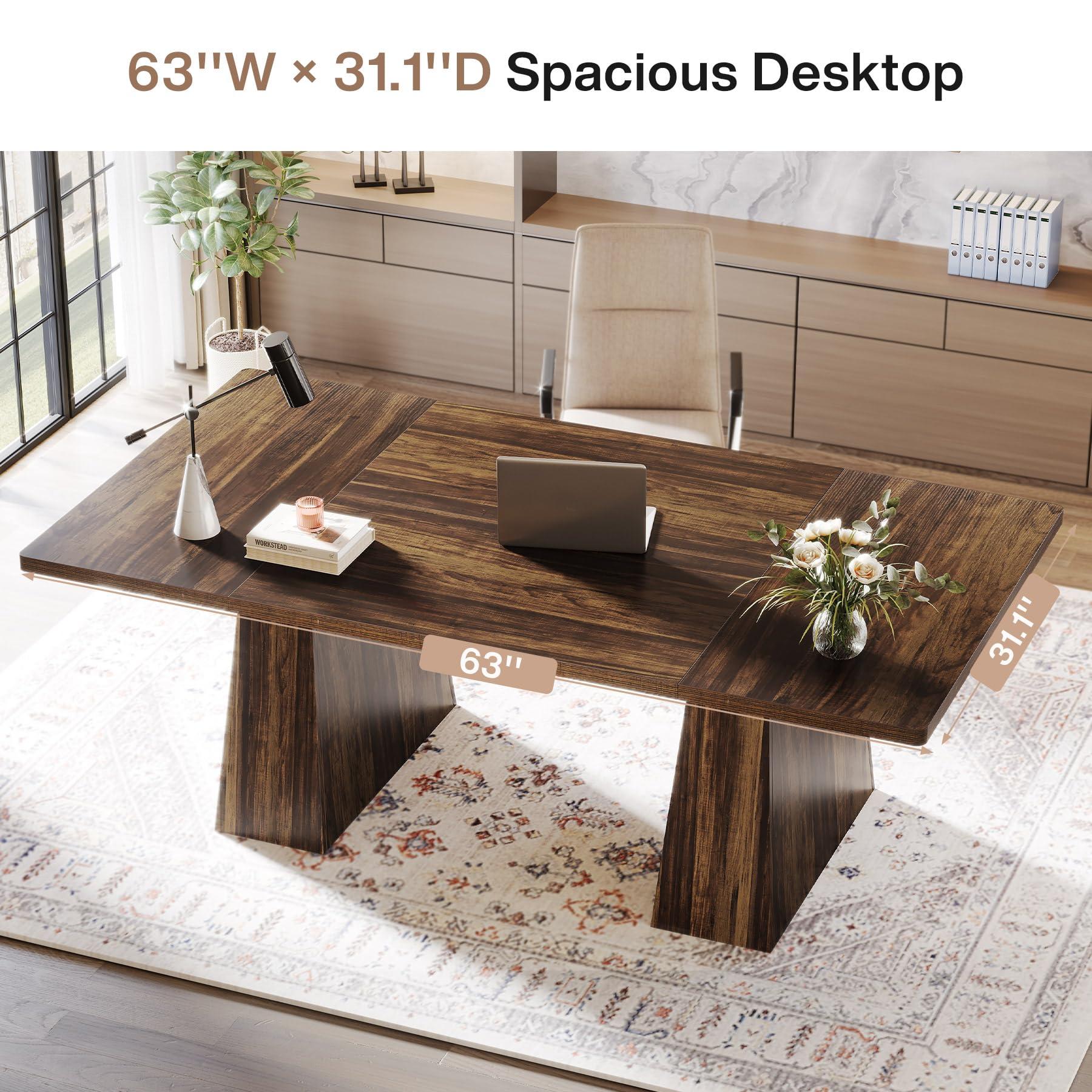 Tribesigns 63-Inch Executive Desk, Large Office Computer Desk with Double Pedestal, Modern Simple Workstations Writing Table Conference Table Business Furniture for Home Office, Rustic Brown - Image 6