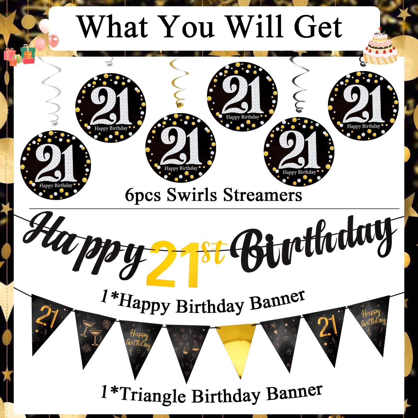Hapdoo 21st Birthday Decorations Set - 21st Birthday Decorations Men Happy 21 Banner Triangle Flag Hanging Swirls Streamers for Women Men Party Supplies, Black and Gold - Image 4