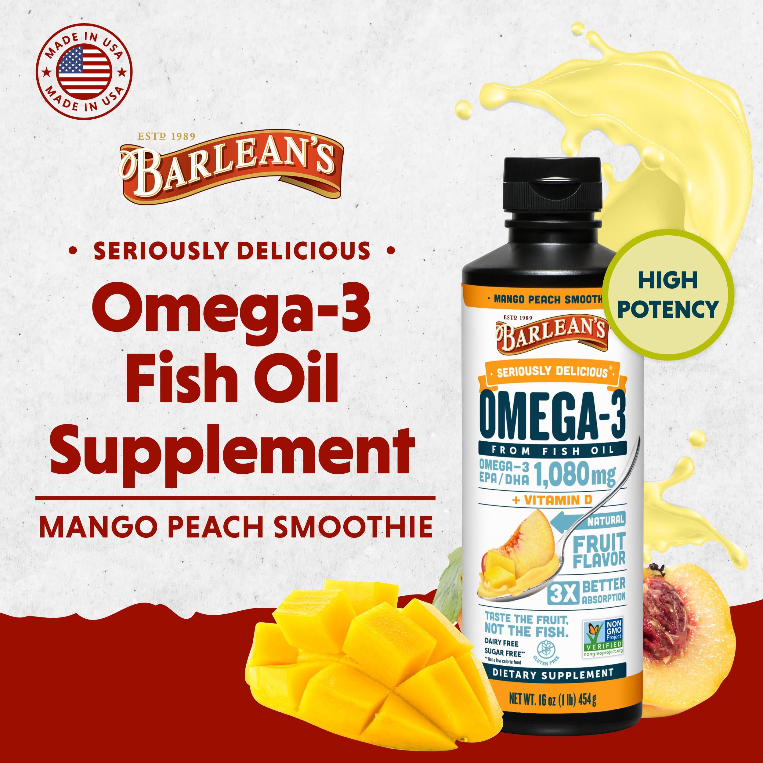 Barlean's Mango Peach Omega 3 Fish Oil Liquid Supplement with Vitamin D, 1080mg EPA & DHA Fatty Acid, Smoothie Flavored & Burpless for Brain, Joint, & Heart Health, 16 oz - Image 2