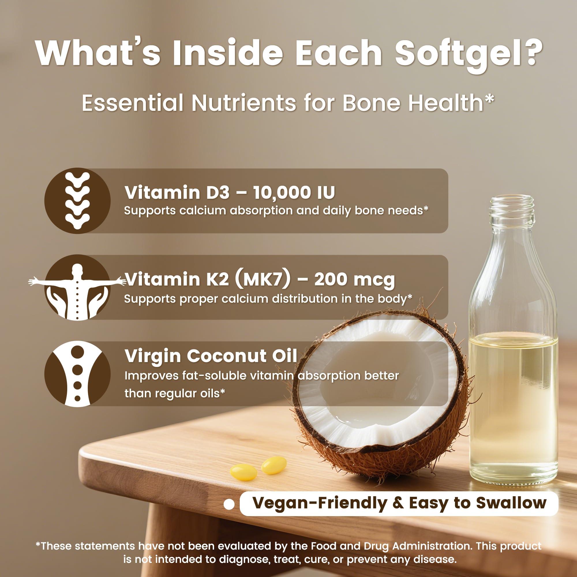 VEV Vitamin D3 Con K2 10000 IU, 300 Virgin Coconut Oil Softgels, 2 in 1 Vitamins Supplement D & K (Include MK7), Easy to Swallow, Supports Calcium Absorption, Bone Health(Packaging May Vary) - Image 5