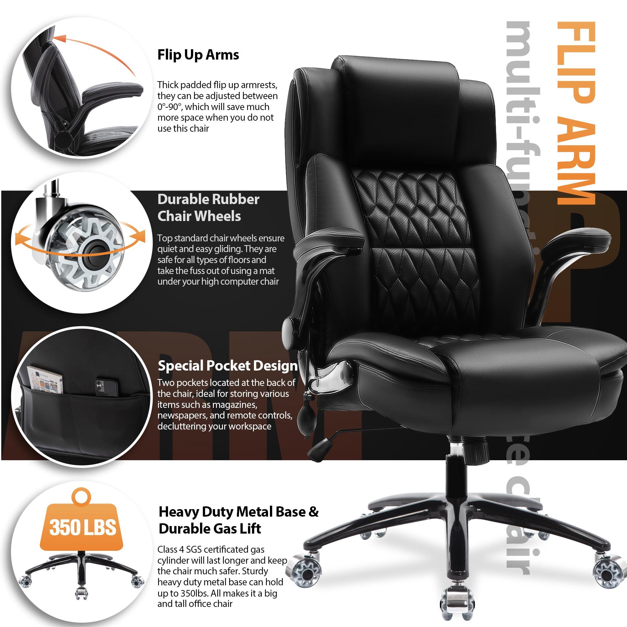HAMAOKA Large High Back Office Chair - Adjustable Lumbar Support, Flip Up Arms, Heavy Duty Metal Base, Breathable Bonded Leather, 2 Storage Bags, Black - Image 5