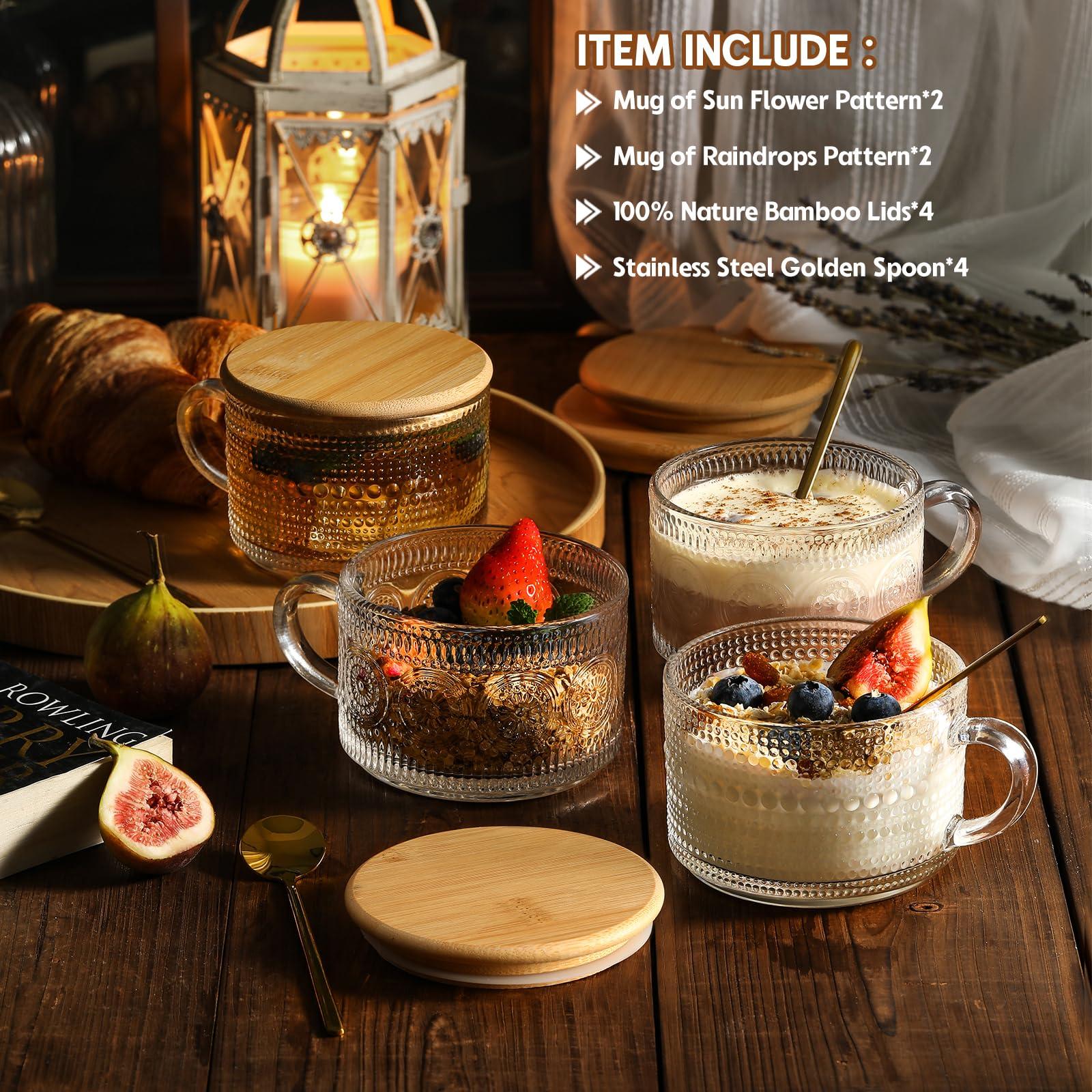 LANDNEOO 4pcs Set Vintage Coffee Mugs gifts for women, Overnight Oats Containers with Bamboo Lids and Spoons - 14oz Clear Embossed Glass Cups, Cute Coffee Bar Accessories, Iced Coffee Glasses - Image 4