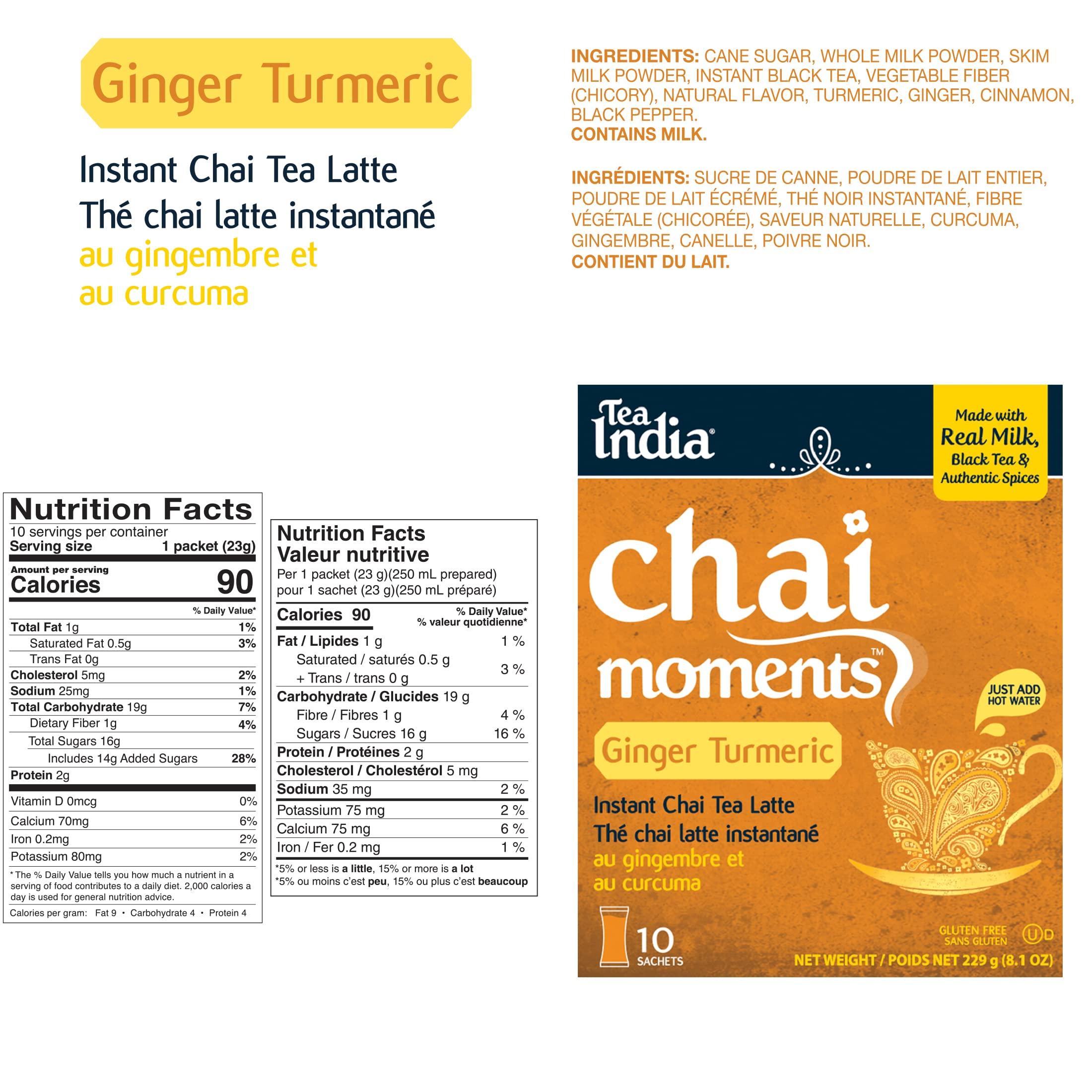 Tea India Chai Moments Ginger Turmeric Chai Tea Instant Latte Mix Flavorful Blend Of Premium Black Tea, Cardamom & Natural Ingredients Traditional Indian Tea Individually wrapped 10 Sachets - Image 2