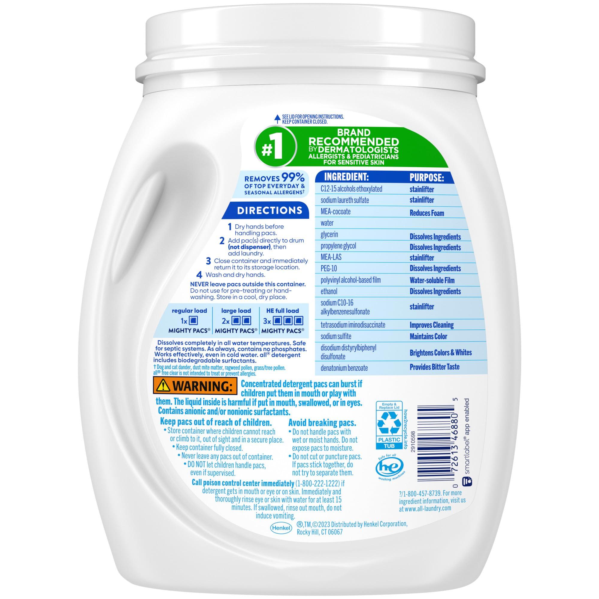 All Mighty Pacs Laundry Detergent, Free Clear for Sensitive Skin, Tub, 60 Count - Image 2