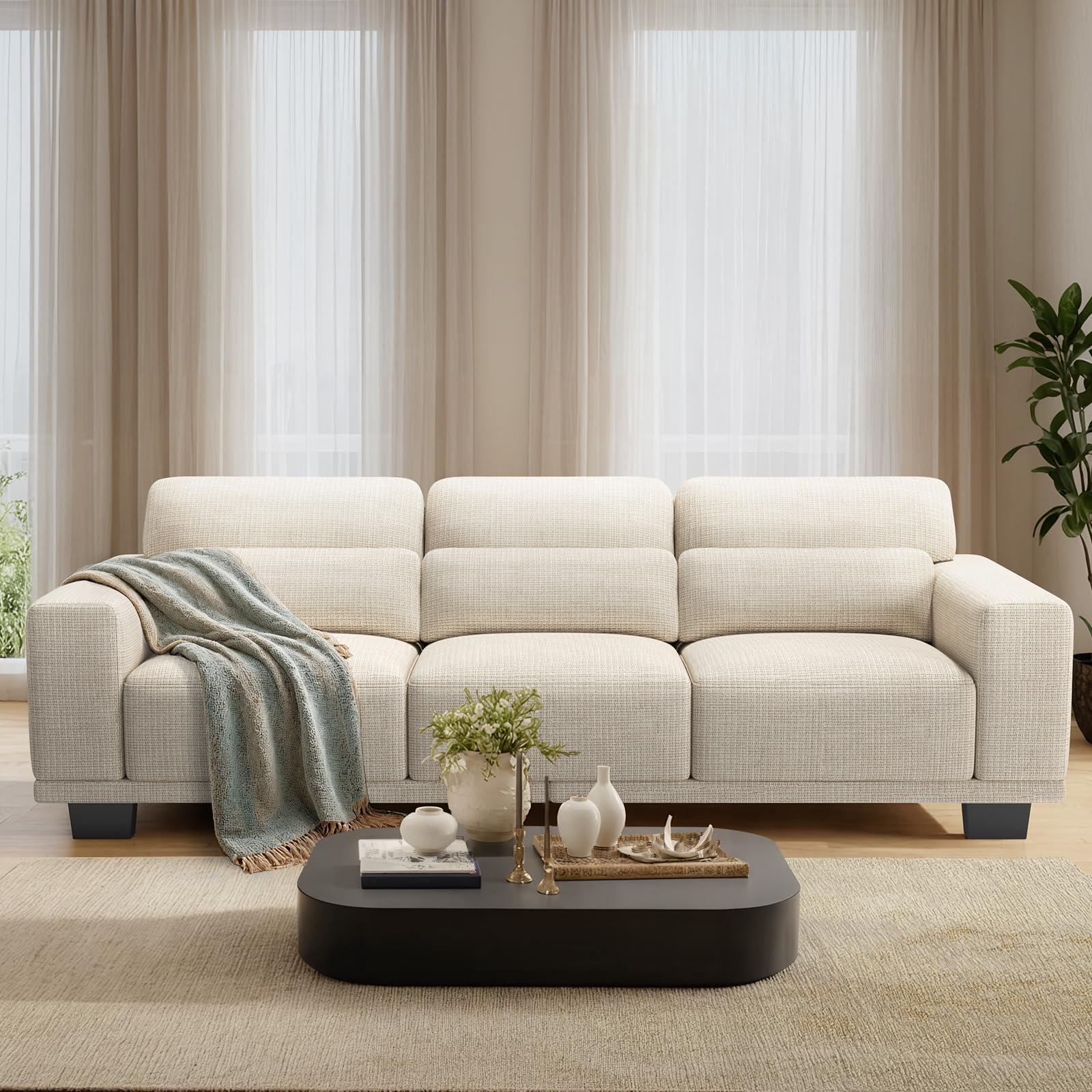 Pipishell 3 Seater Sofa Couch with Deep Seats and Wide Armrests, 89" Couches for Living Room, Comfy 3-Seater Futon Sofas,Modern Upholstered Couch with Removable Washable Cover,Linen Fabric, White