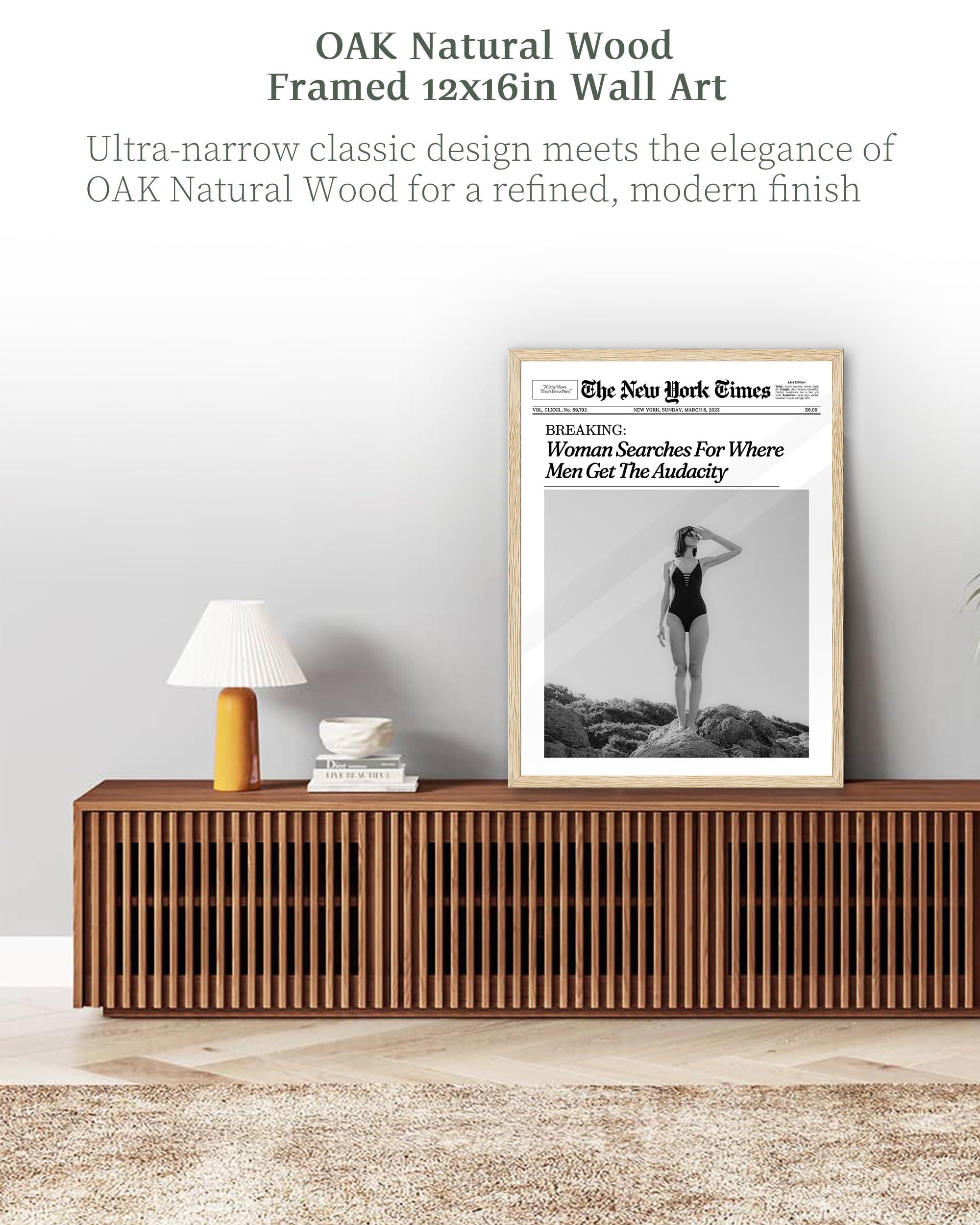 iHery Framed Trendy NewsPaper Wall Art,12x16in Canvas Wall Art,Beige Oak Wood Frame,Retro Vintage New York Magazine Headline News,Woman Searches For Where Men Get The Audacity,Bedroom Décor 1Pack - Image 6
